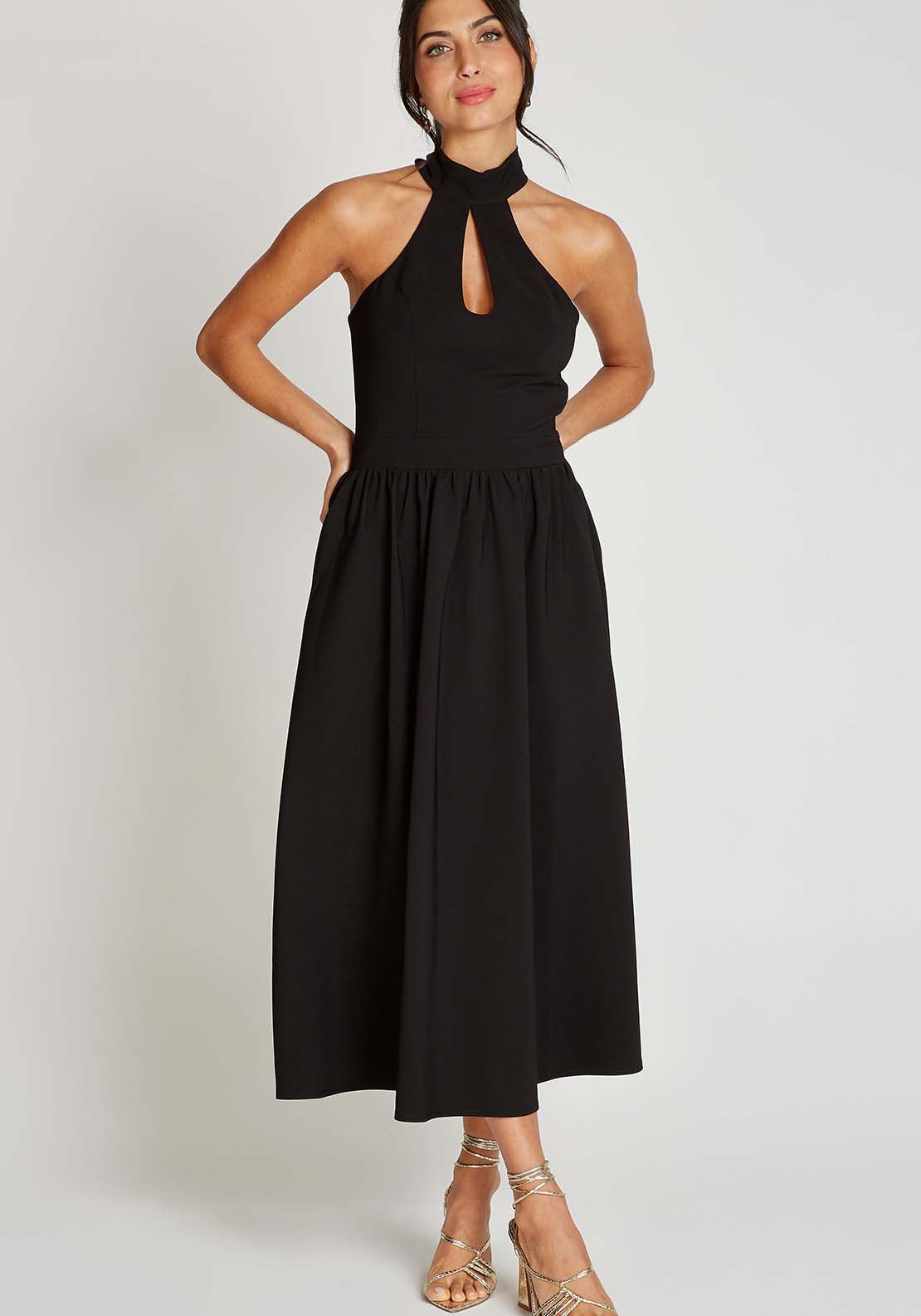 Little Mistress Black Halter Neck Keyhole Midi Dress - Black 1 Shaws Department Stores