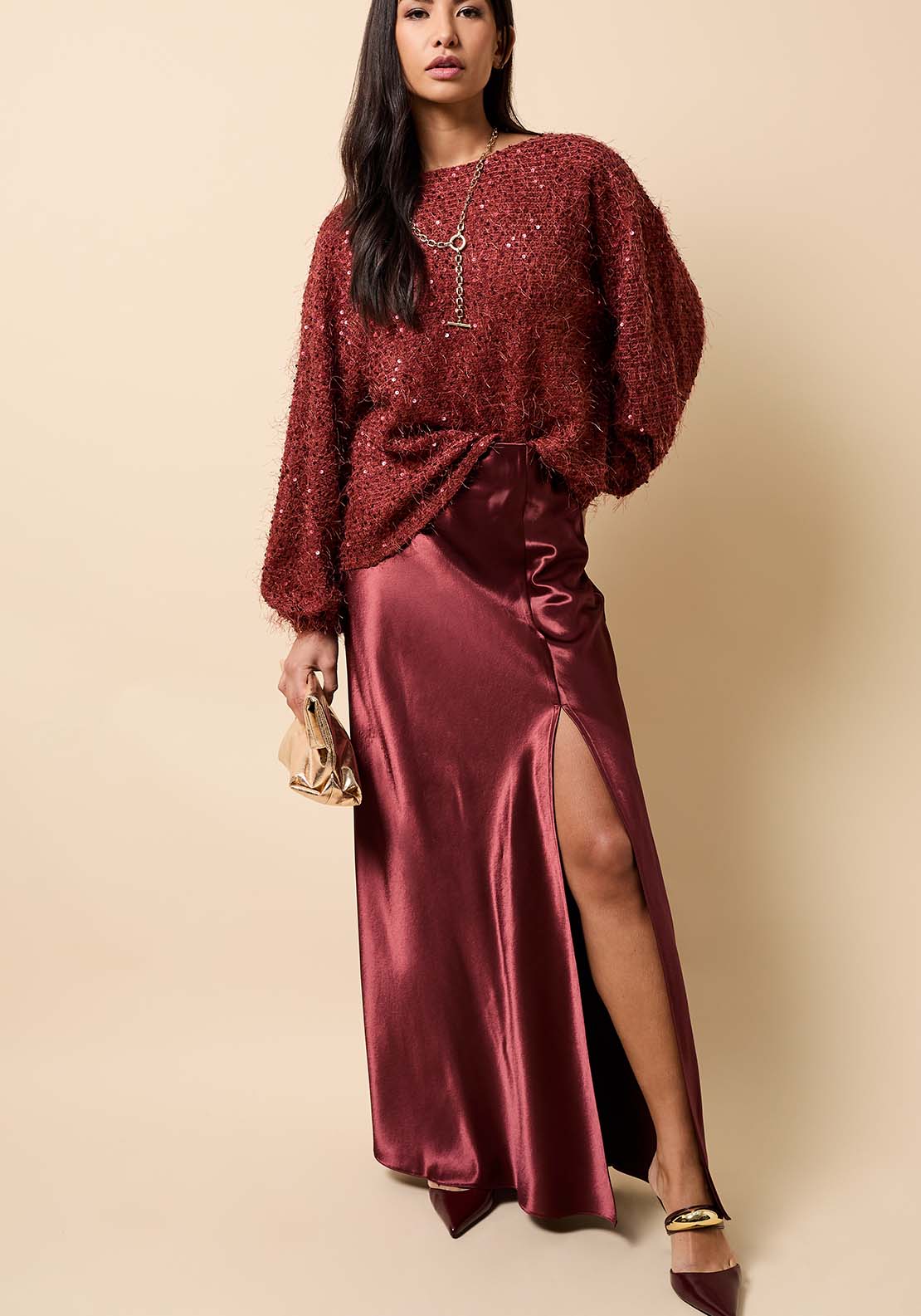 Satin Maxi Skirt - Burgundy