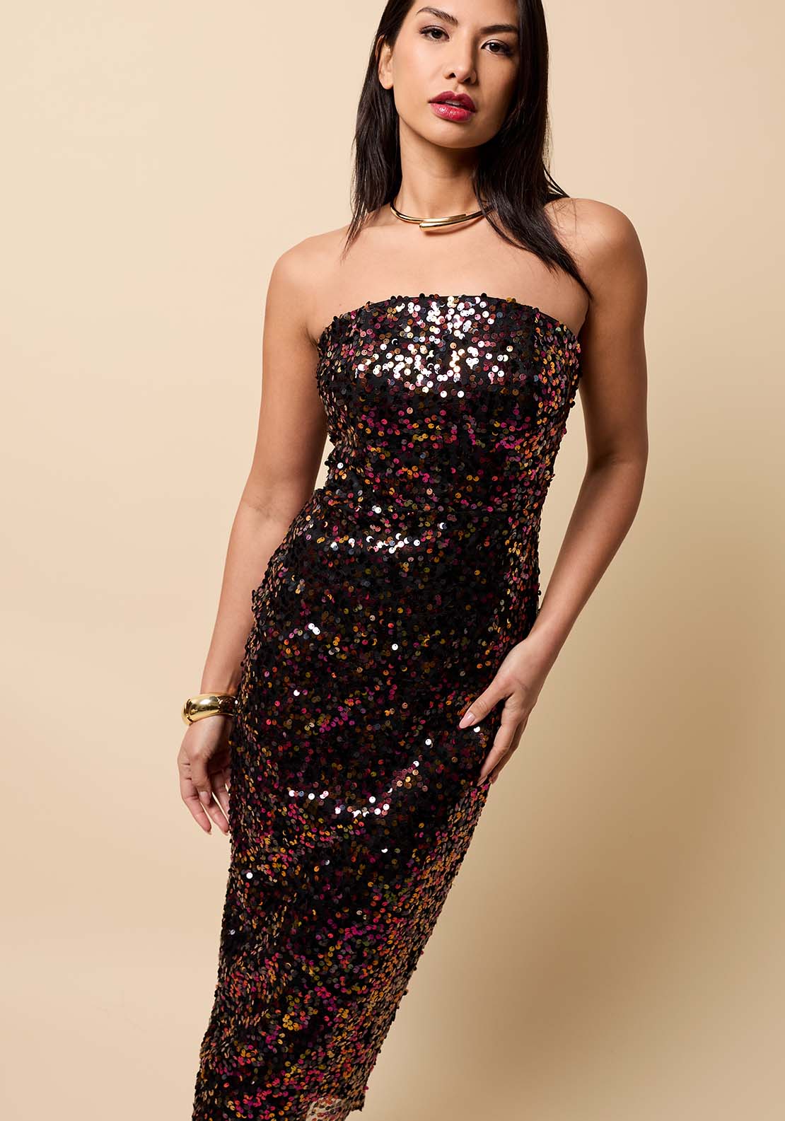 Bandeau Midi Dress - Burgundy Sequin