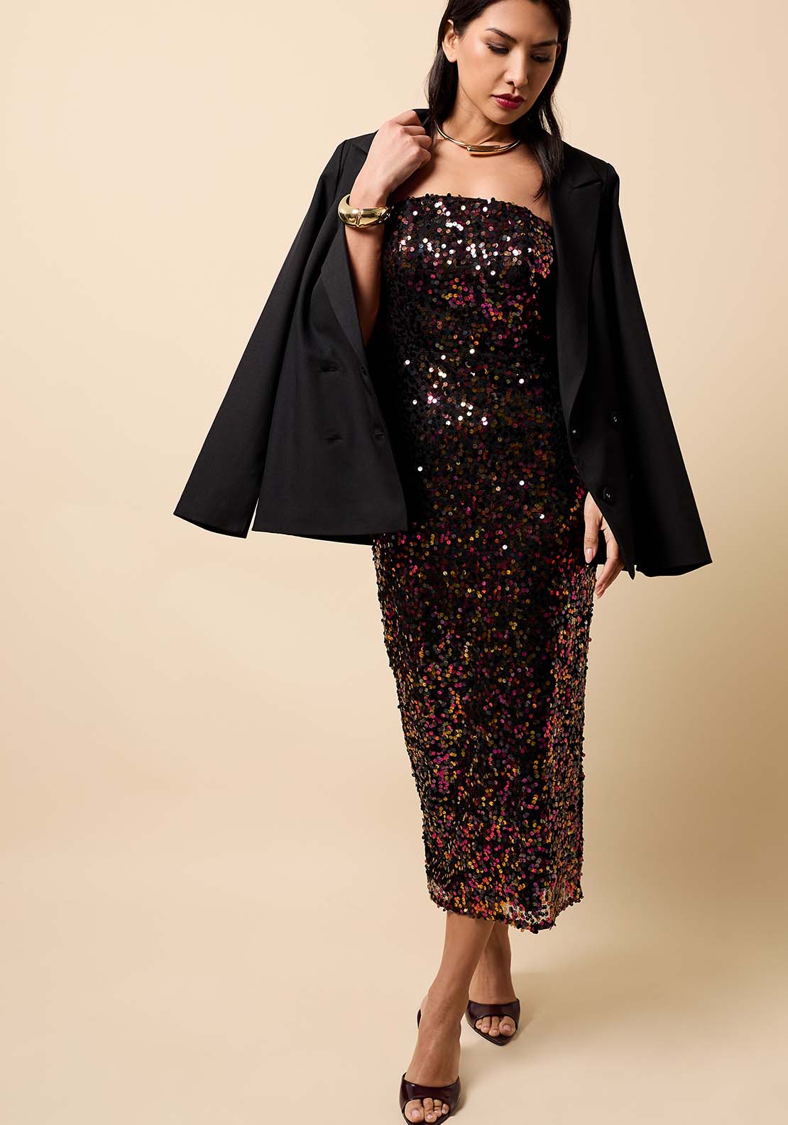 Bandeau Midi Dress - Burgundy Sequin