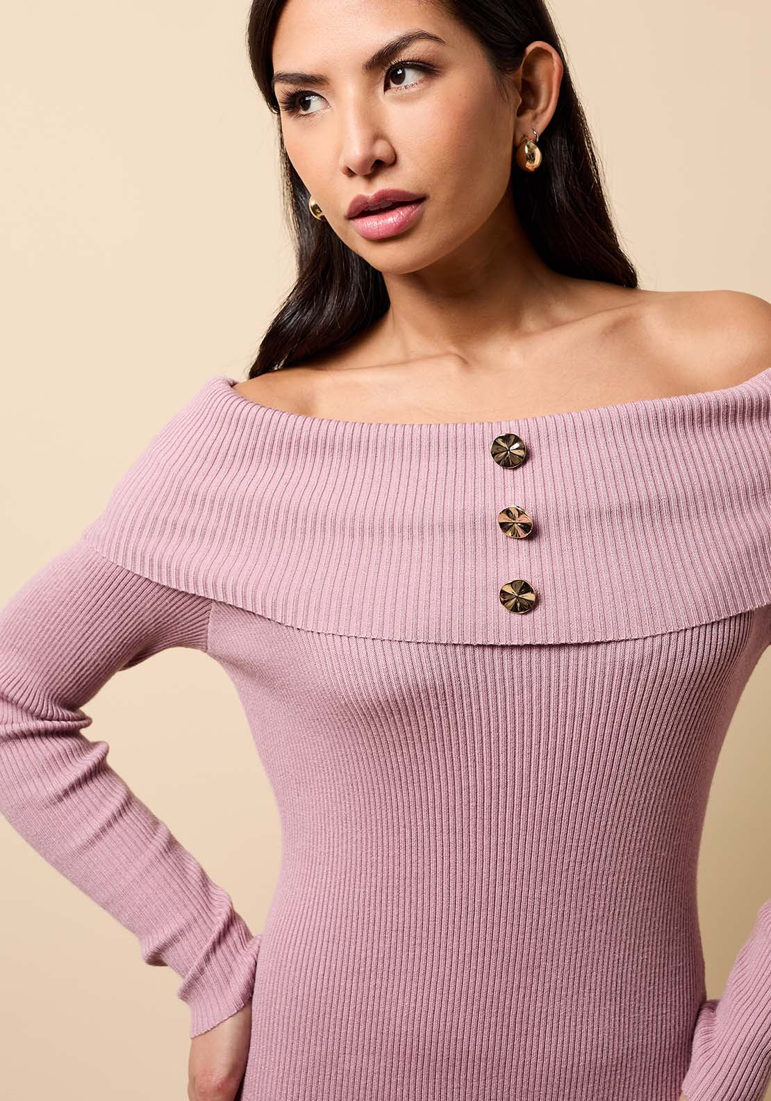 Knitted Bardot Midi Dress - Brown