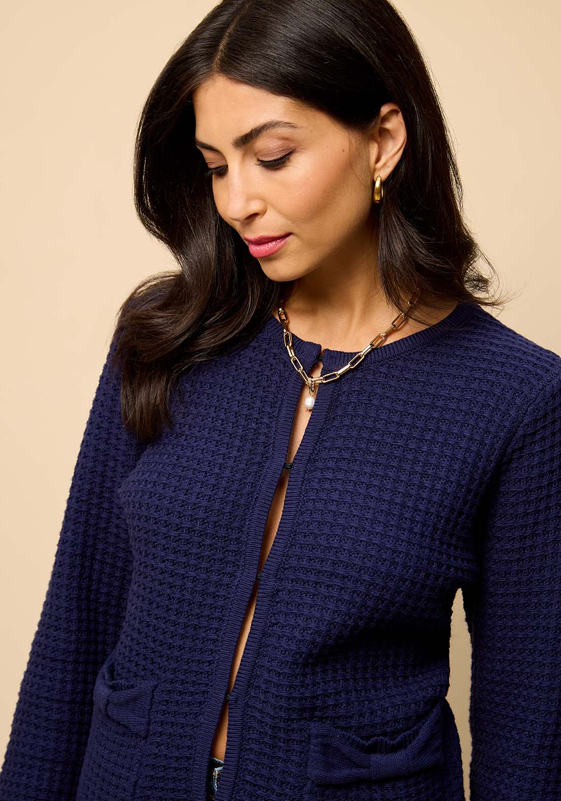 Knitted Bow Pocket Detail Cardigan - Blue