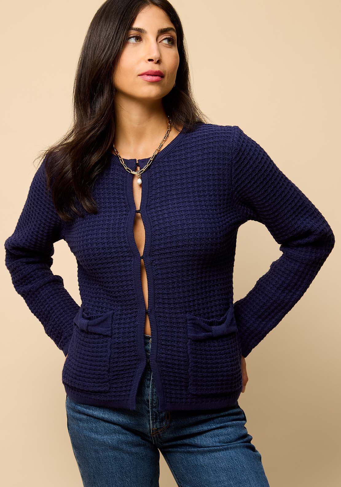 Knitted Bow Pocket Detail Cardigan - Blue