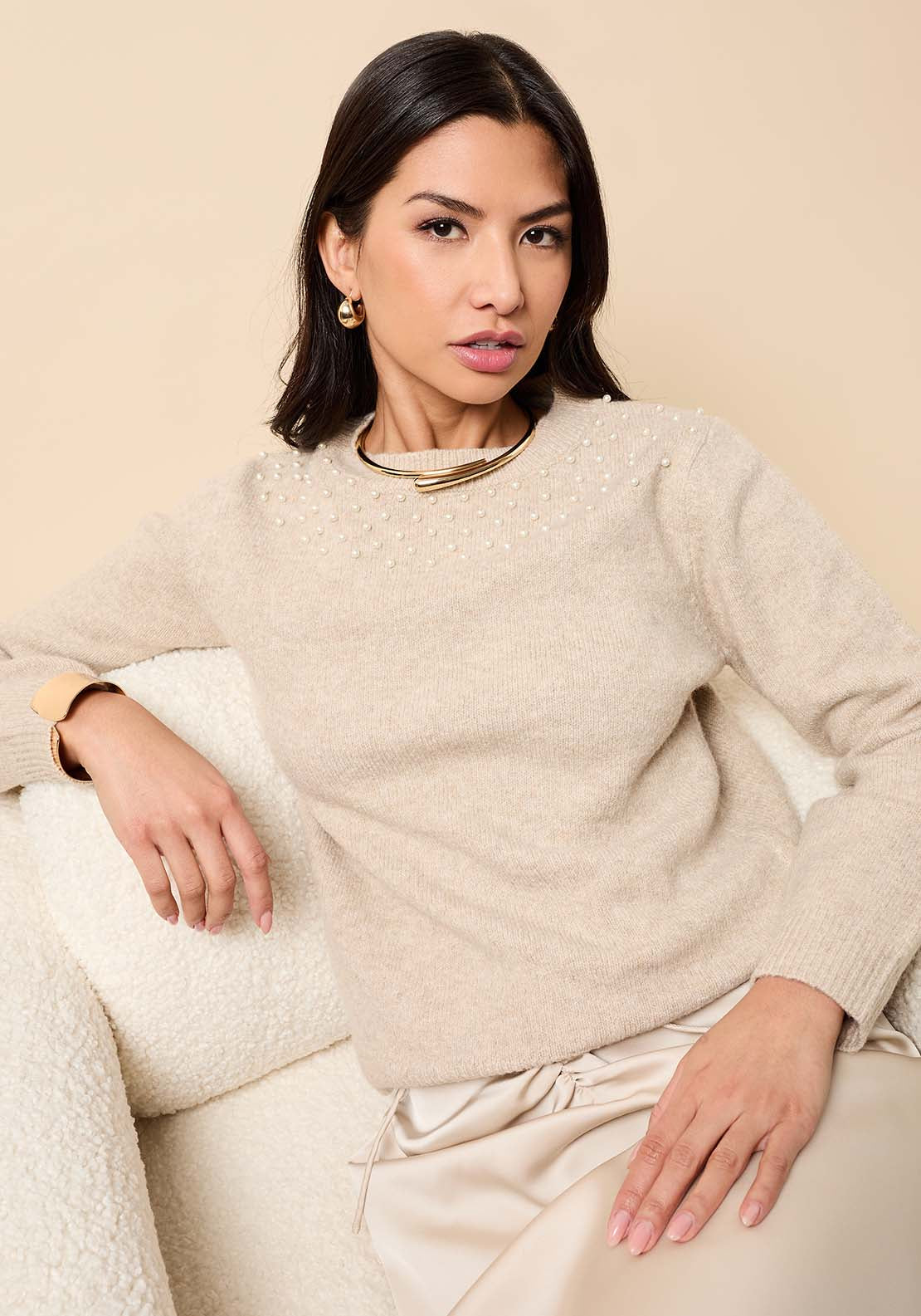 Embelished Knitted Jumper - Cream