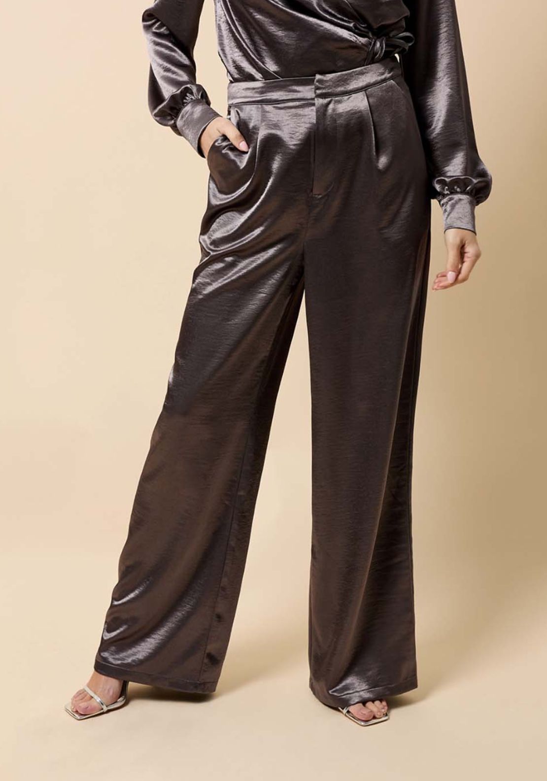 Little Mistress Satin Wide Leg Trousers - Silver Grey 1 Shaws Department Stores