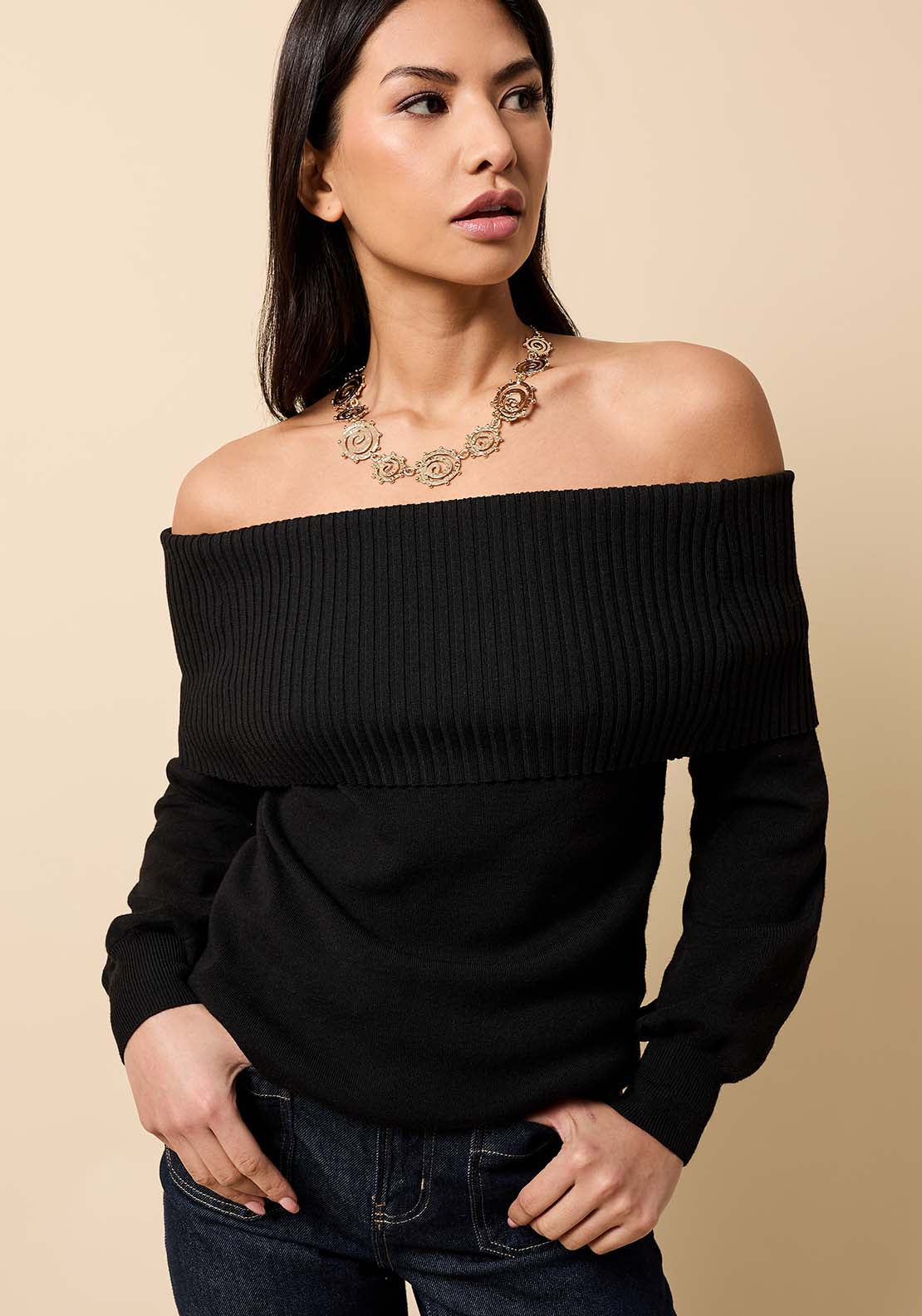 Knitted Bardot Jumper - Black
