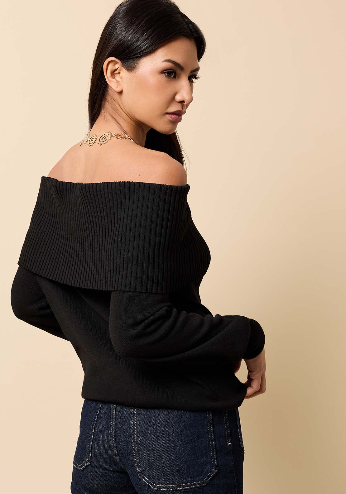 Knitted Bardot Jumper - Black