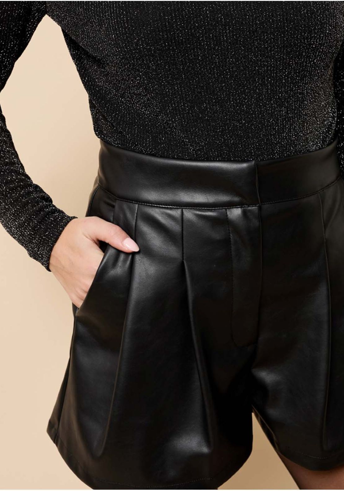 Little Mistress Pleated PU Shorts - Black 3 Shaws Department Stores
