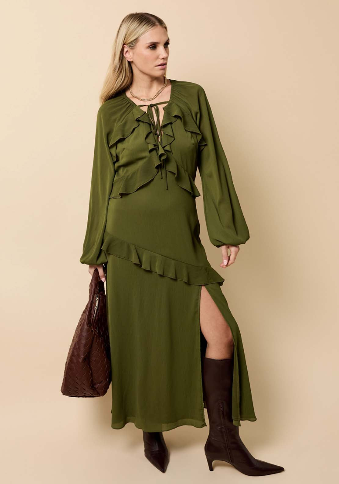 Chiffon Ruffle Maxi Dress - Olive