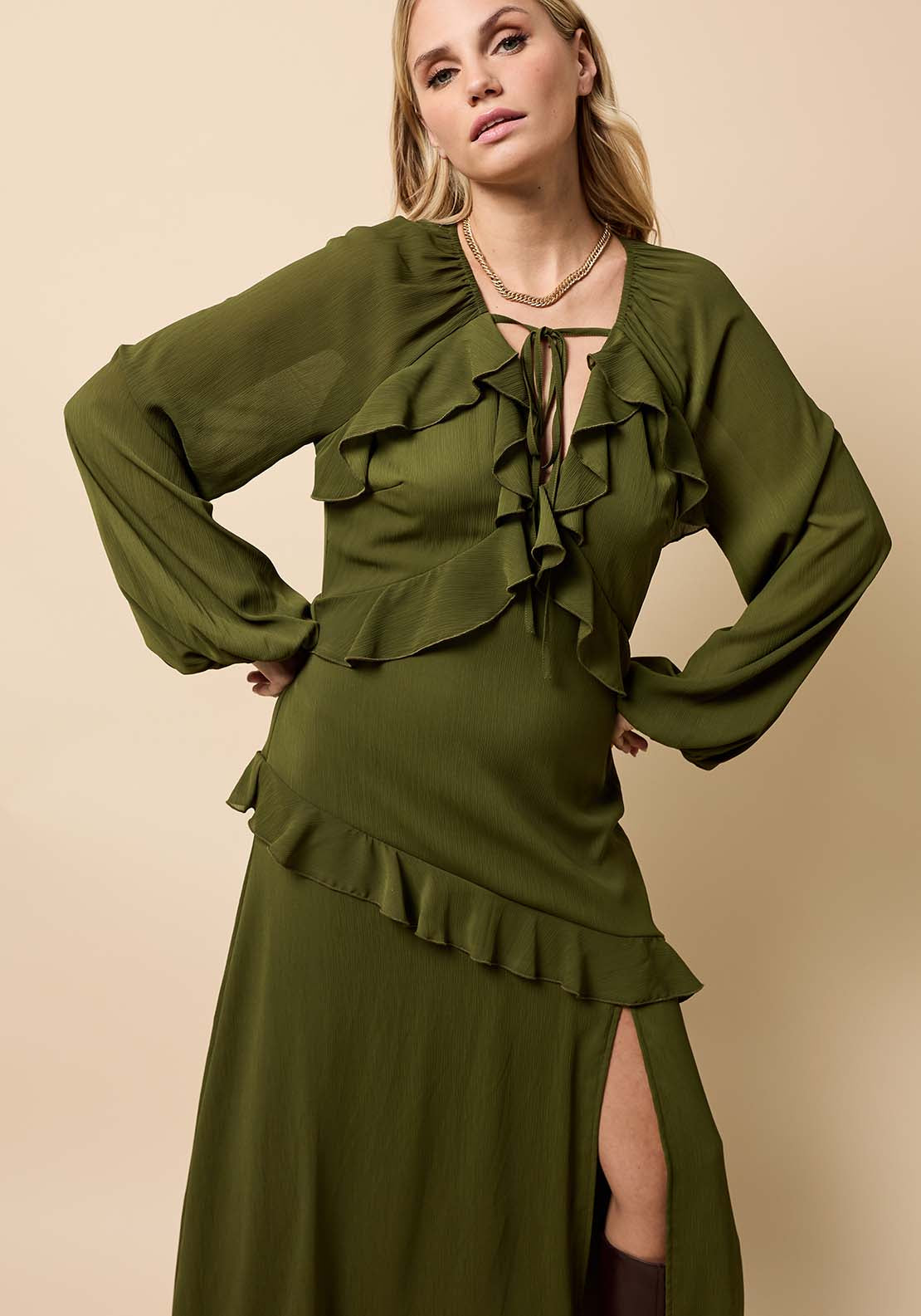 Chiffon Ruffle Maxi Dress - Olive