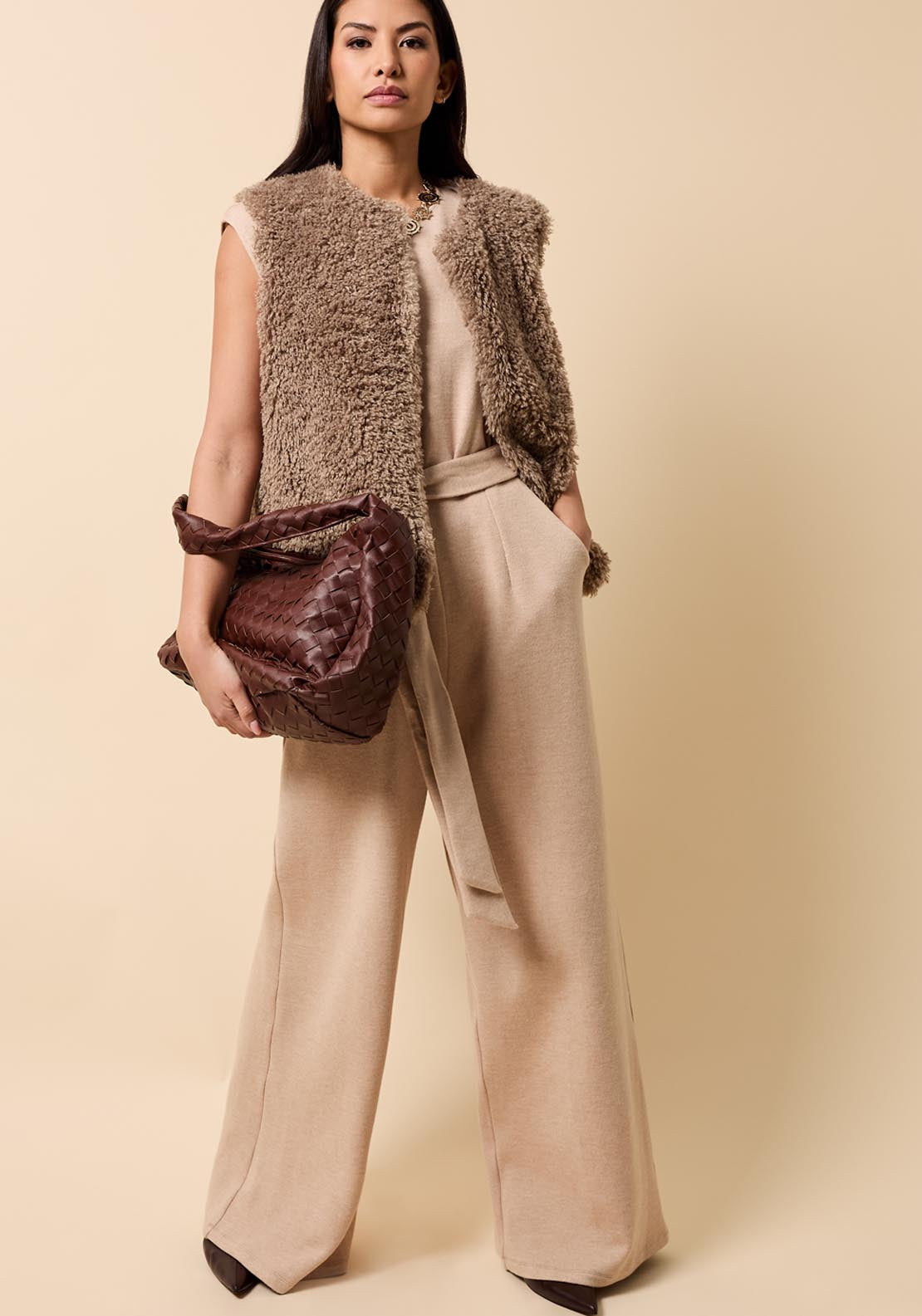Faux Fur Waistcoat - Beige