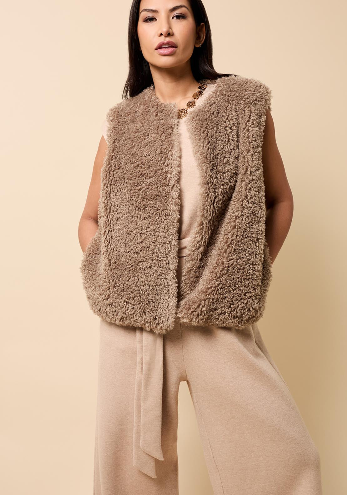 Faux Fur Waistcoat - Beige