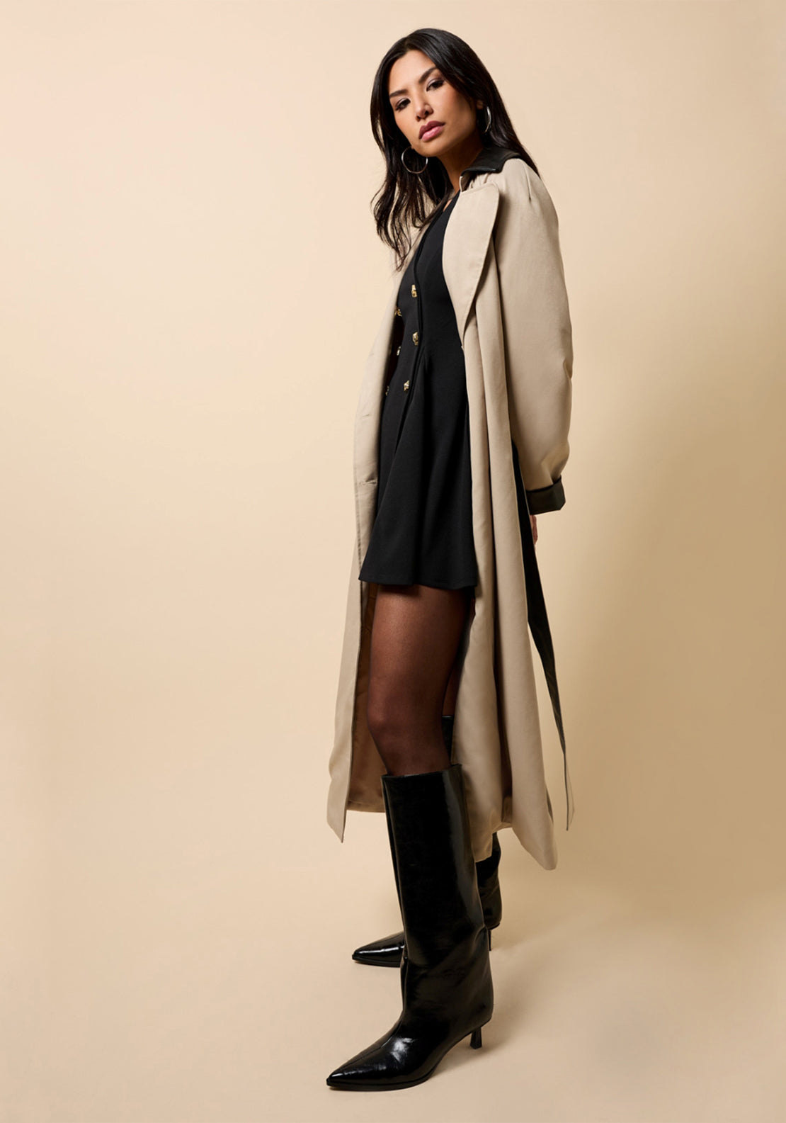 Contrast Trim Trench Coat - Brown