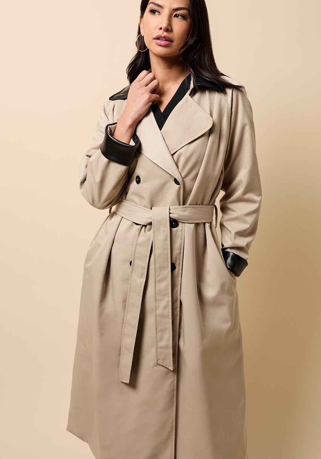 Contrast Trim Trench Coat - Brown
