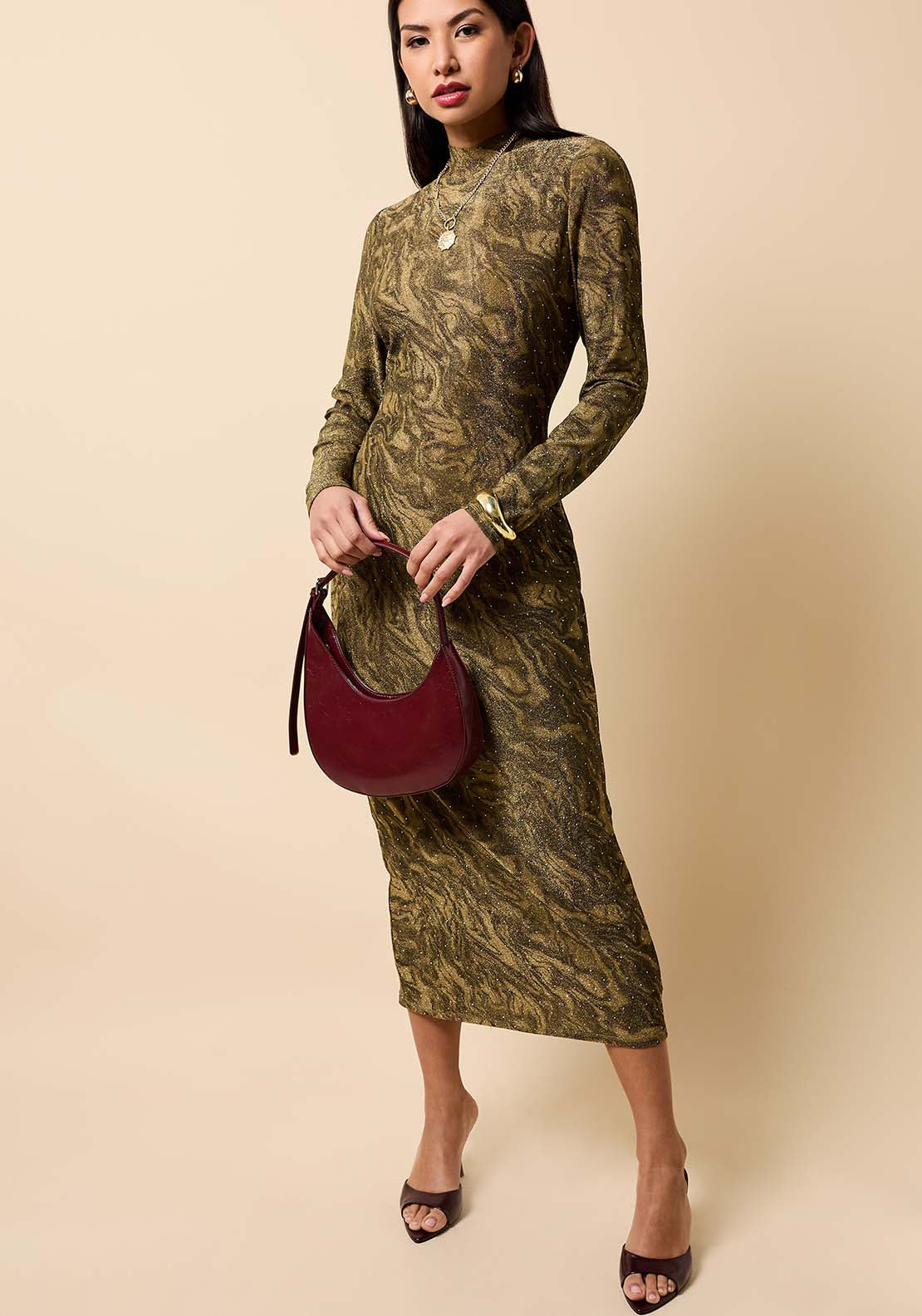 Lurex Midi Dress - Brown