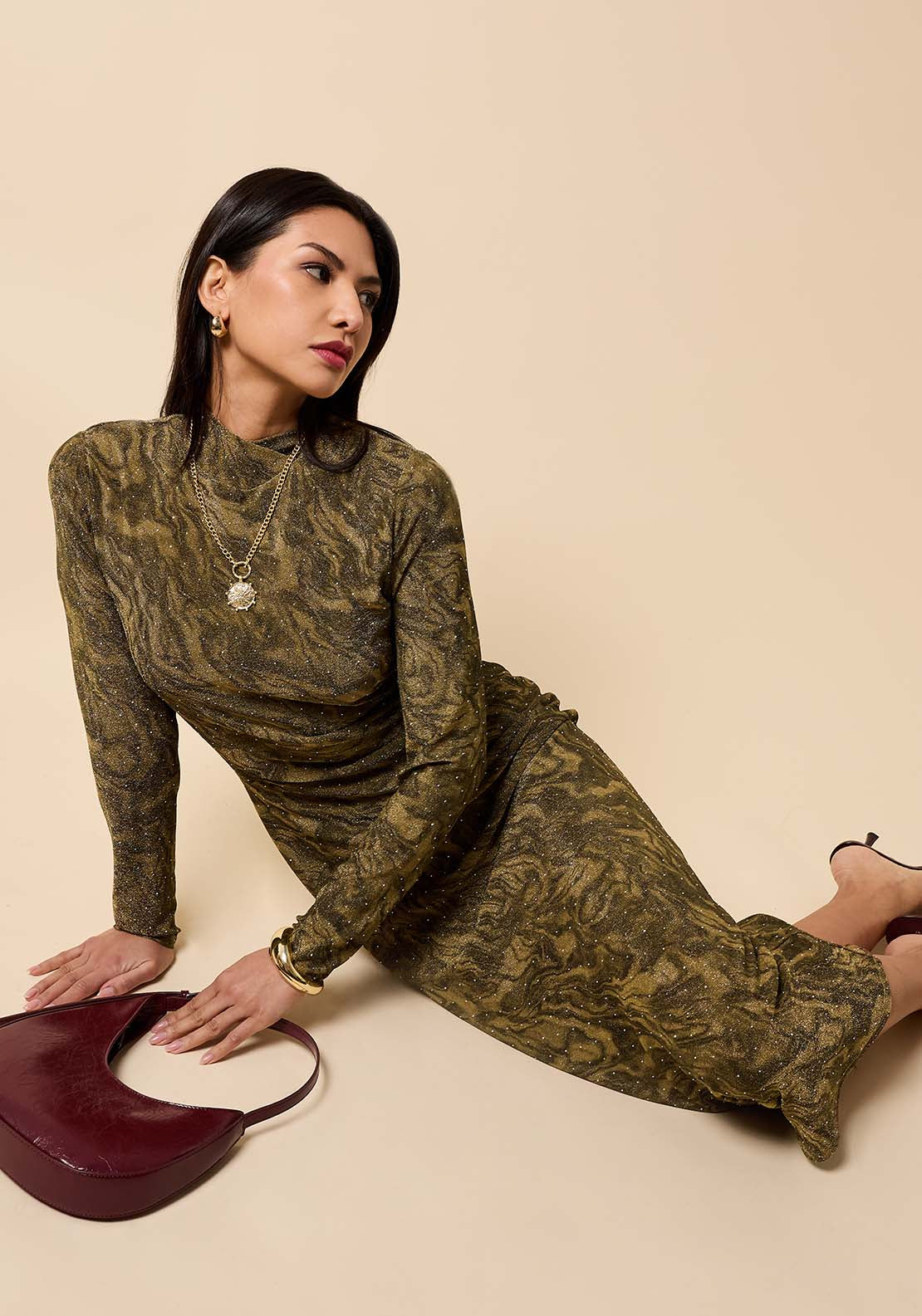 Lurex Midi Dress - Brown