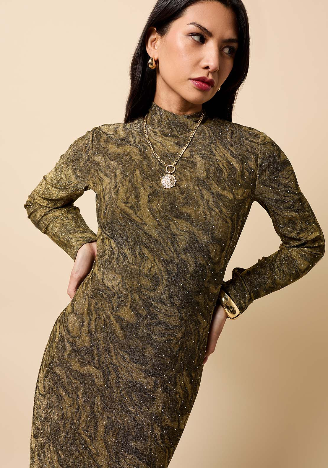 Lurex Midi Dress - Brown