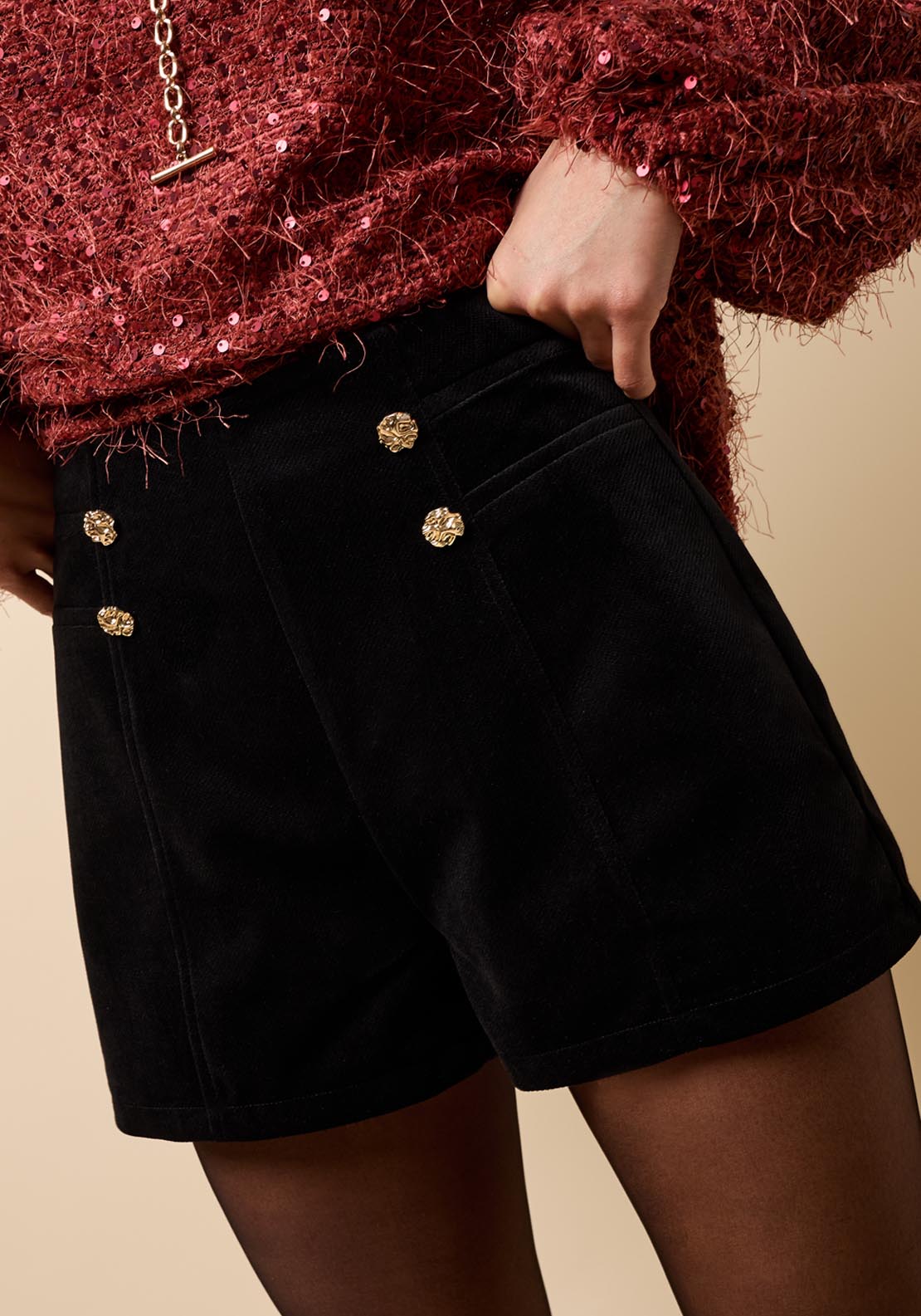 Velvet Button Detail Shorts - Black