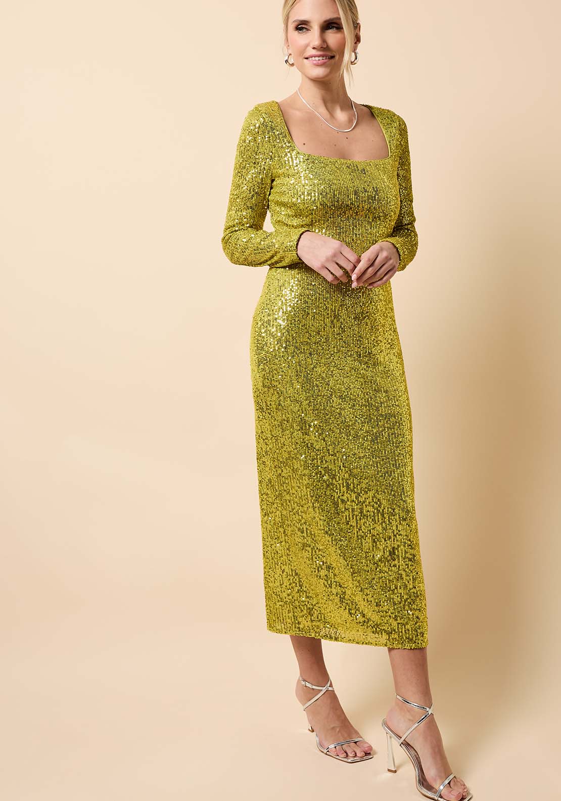 Sequin Square Neck Midi Dress - Green