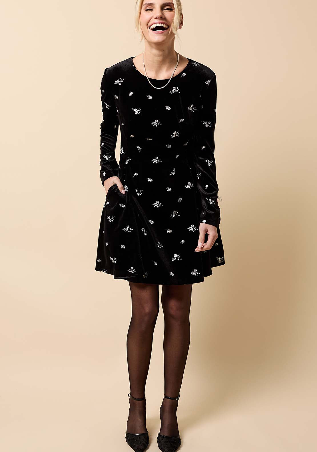 Velvet Embroidered Mini Dress - Black