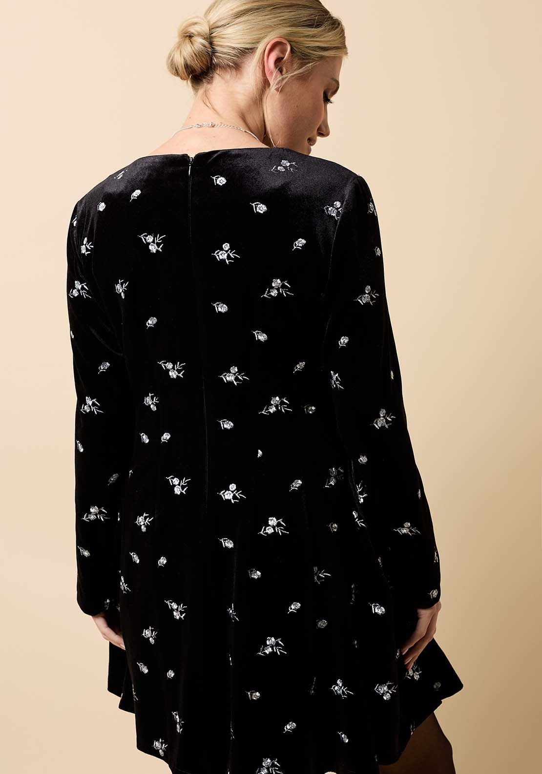 Velvet Embroidered Mini Dress - Black