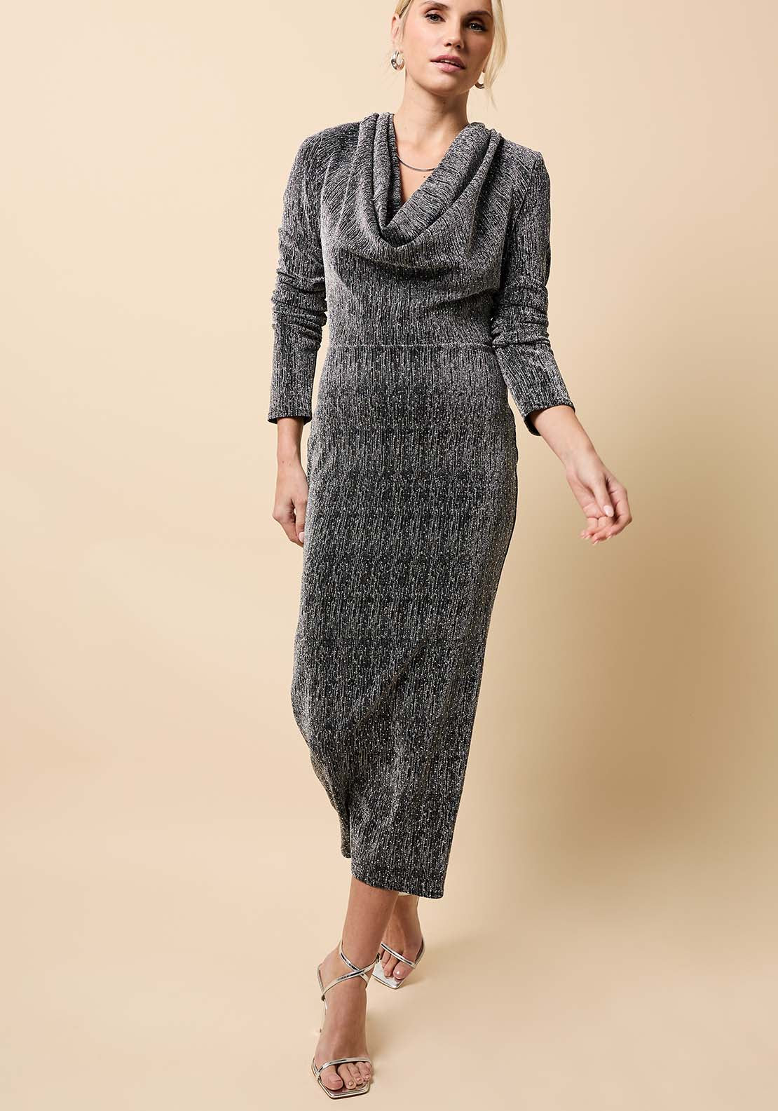 Cowl Neck Midi Dress - Black Lurex