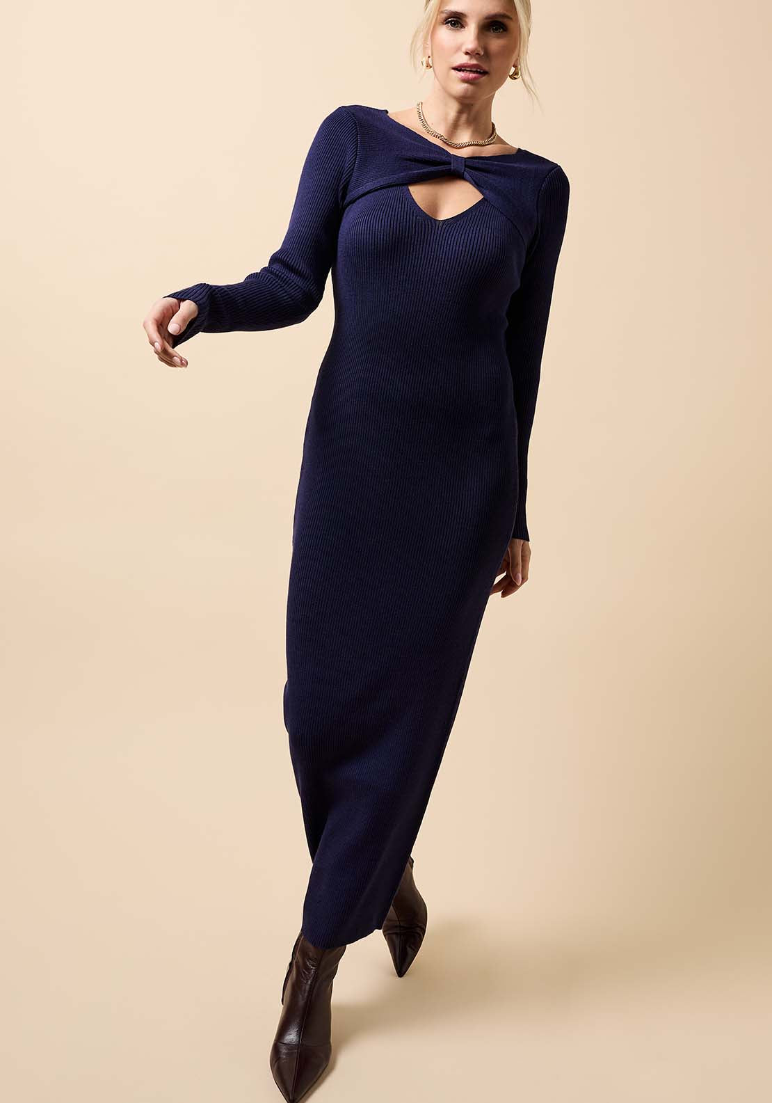 Knitted Keyhole Midi Dress - Blue