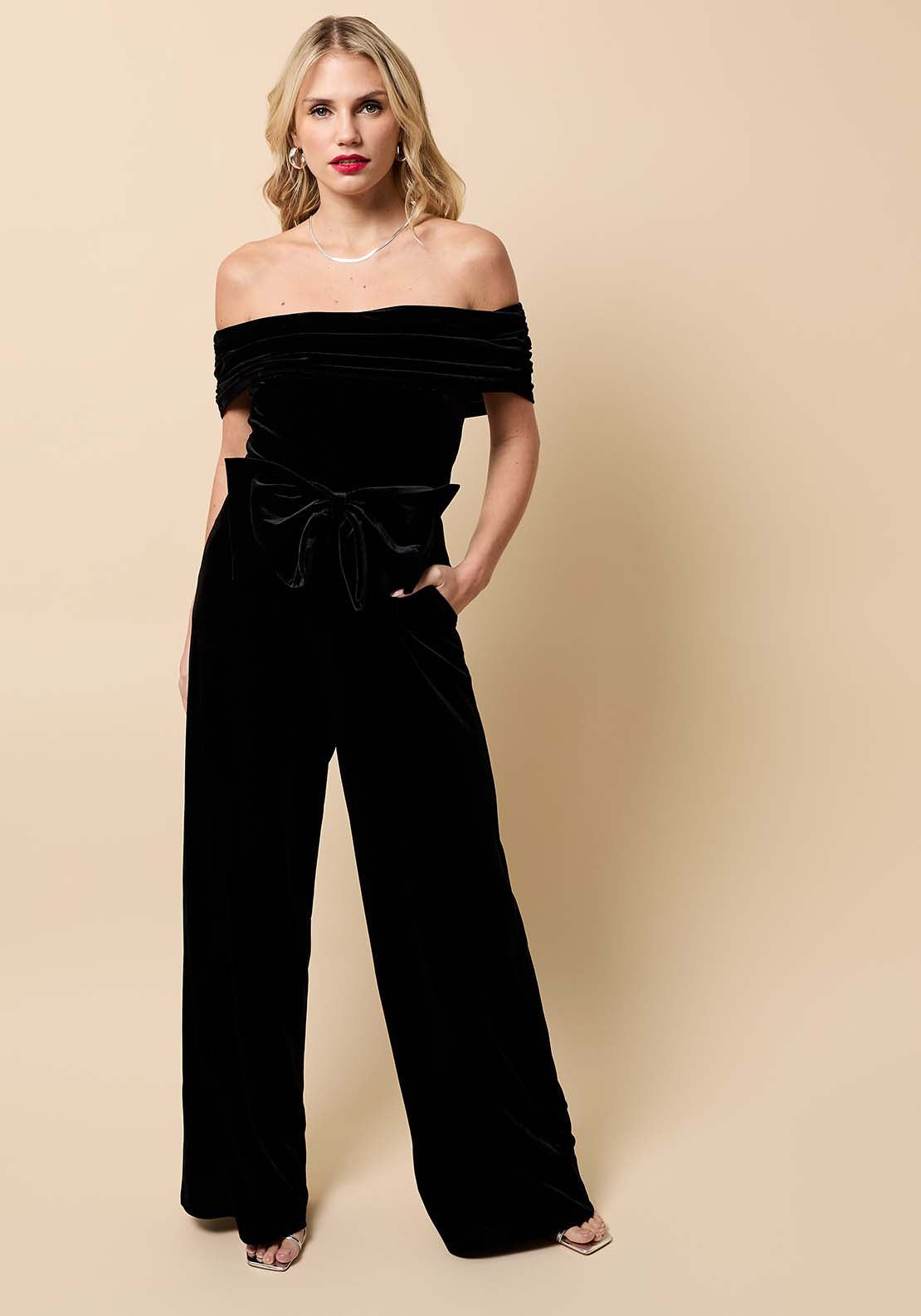 Velvet Bow Detail Bardot Jumpsuit - Black