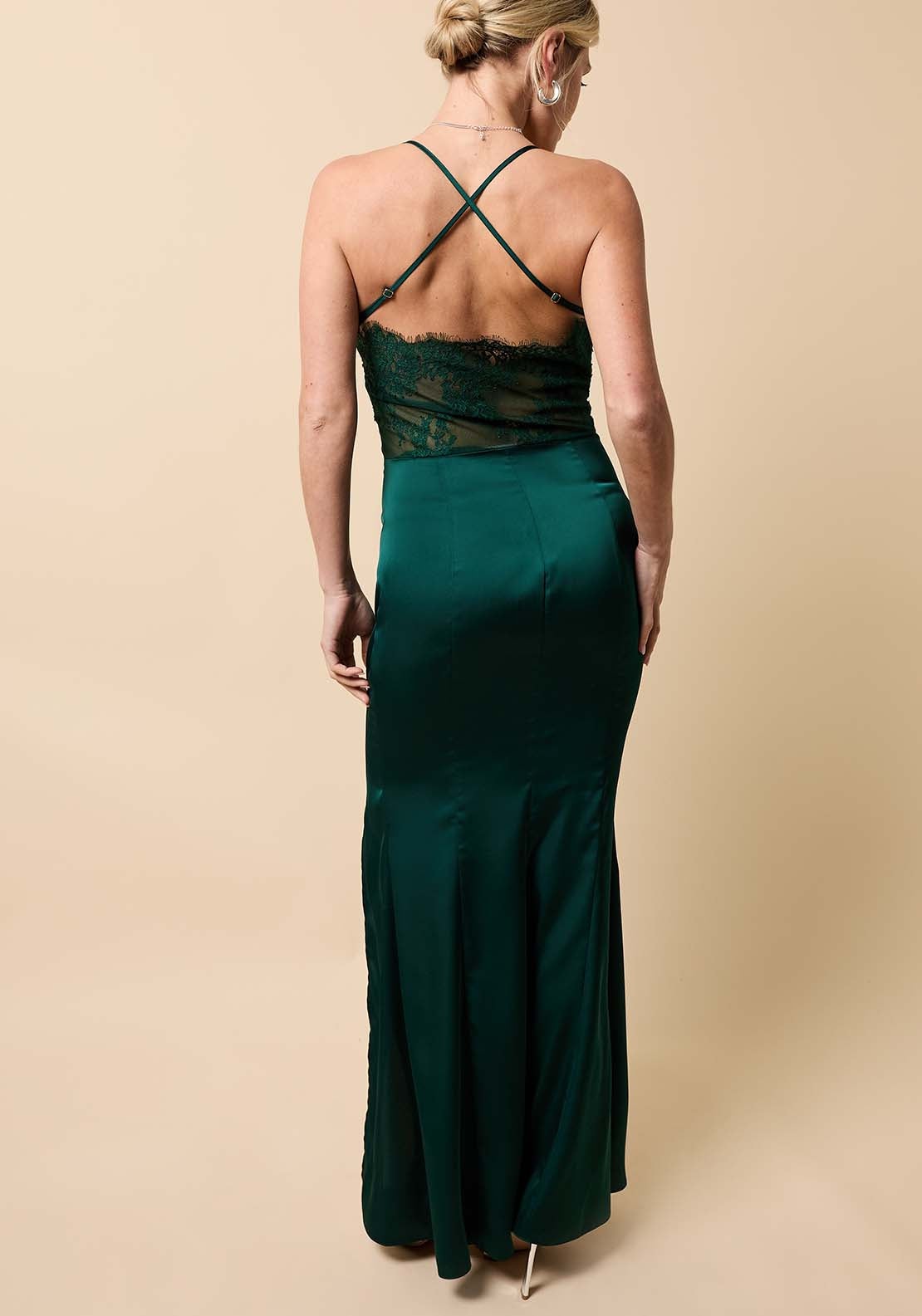 Satin Lace Detail Maxi Dress - Emerald Green