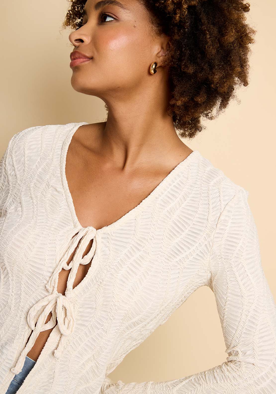 Little Mistress Cream Textured Tie Up Detail Top - Cream 4 Shaws Department Stores