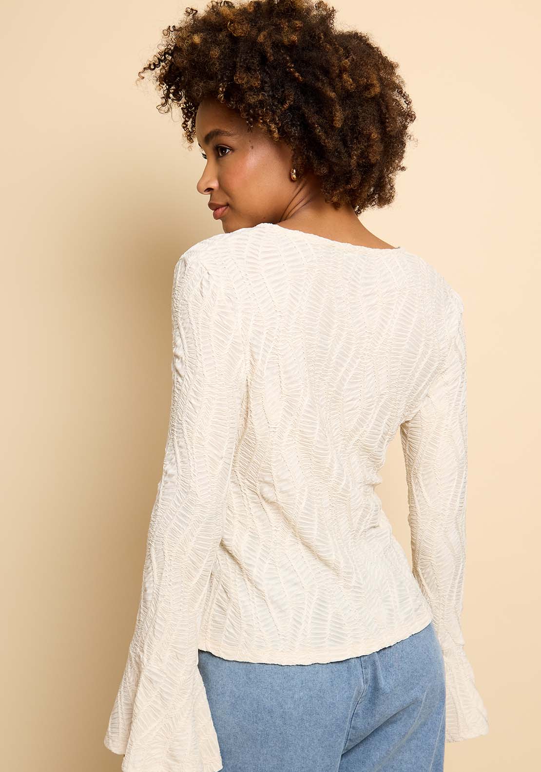 Little Mistress Cream Textured Tie Up Detail Top - Cream 2 Shaws Department Stores
