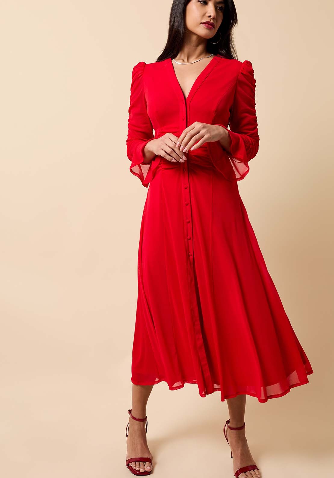 Mesh Shirt Midi Dress - Red