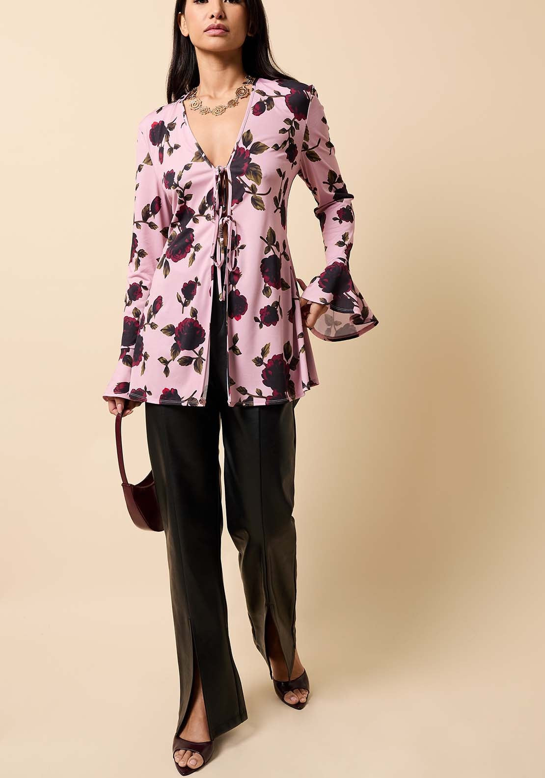 Floral Print Tie Detail Top - Pink