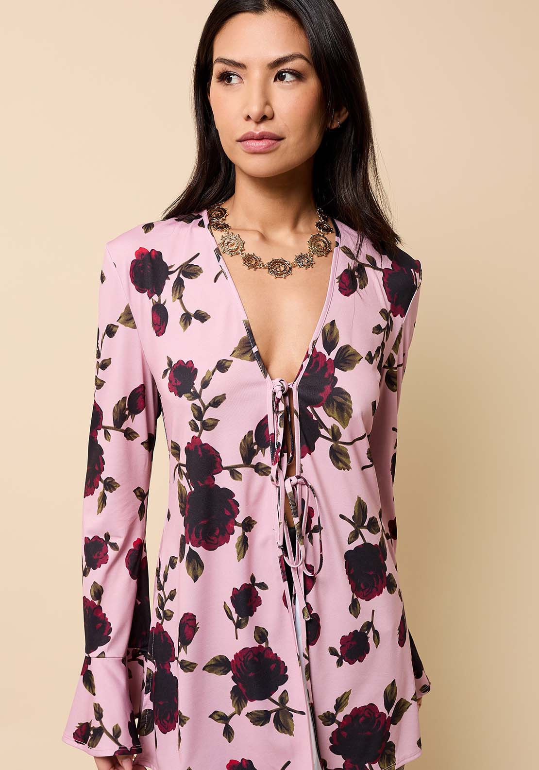 Floral Print Tie Detail Top - Pink