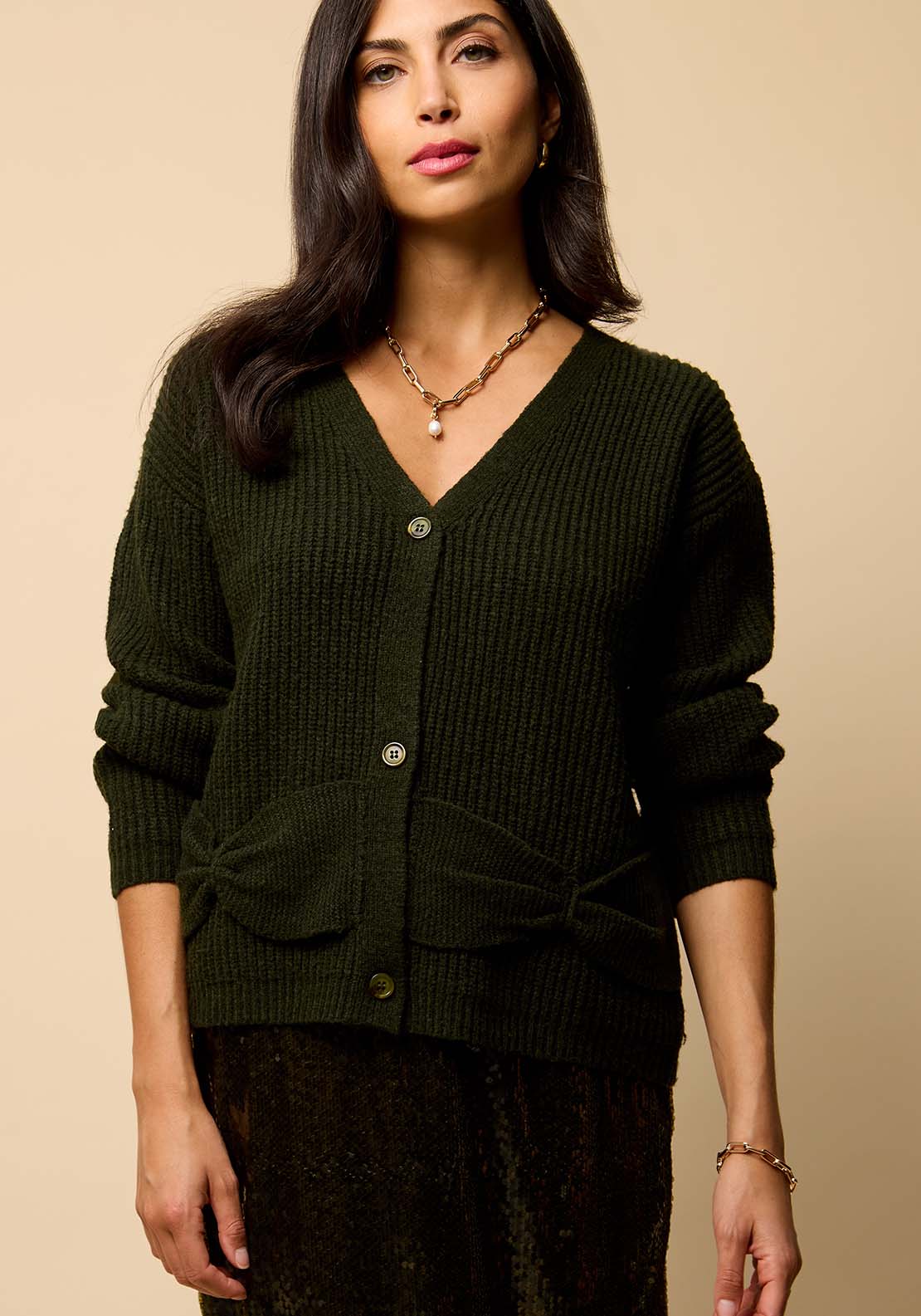Bow Pocket Detail Cardigan Olive Green – Shaws Department Stores