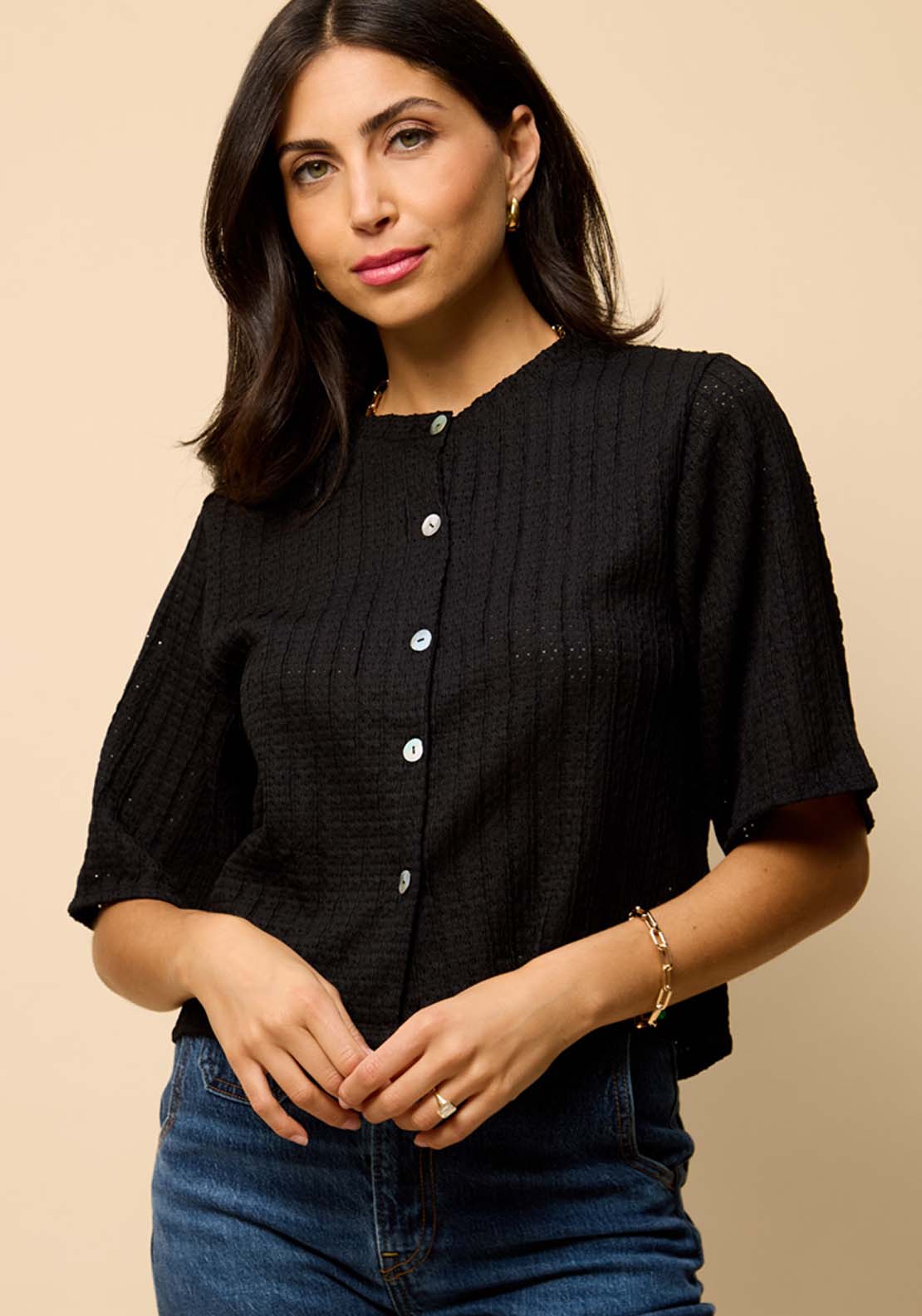 Little Mistress Knitted Button Down Top - Black 3 Shaws Department Stores