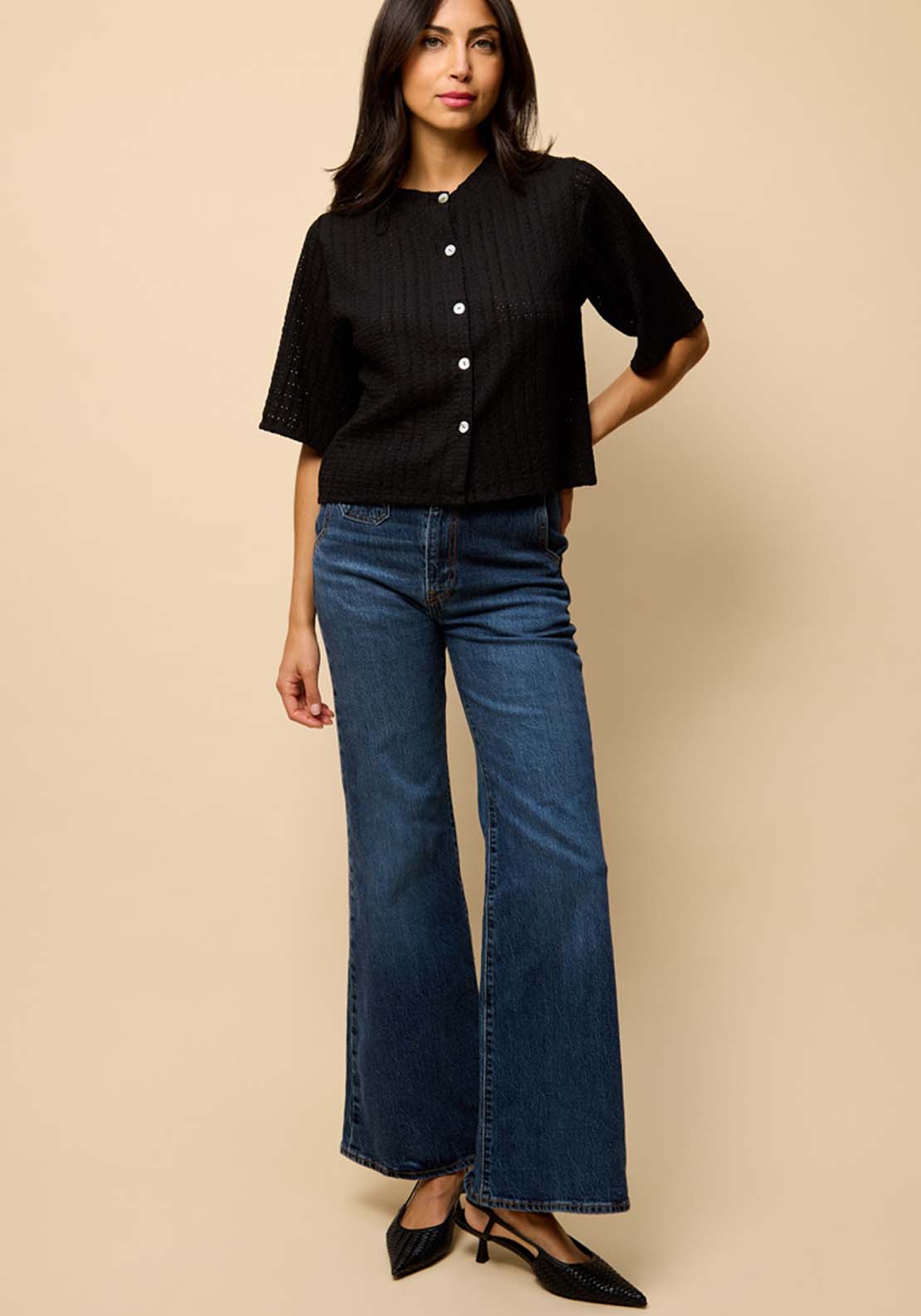 Little Mistress Knitted Button Down Top - Black 1 Shaws Department Stores