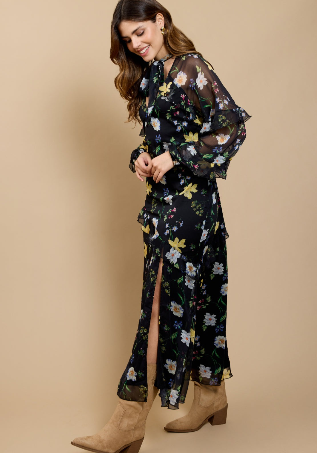 Liora Floral Print Frill Dress - Black