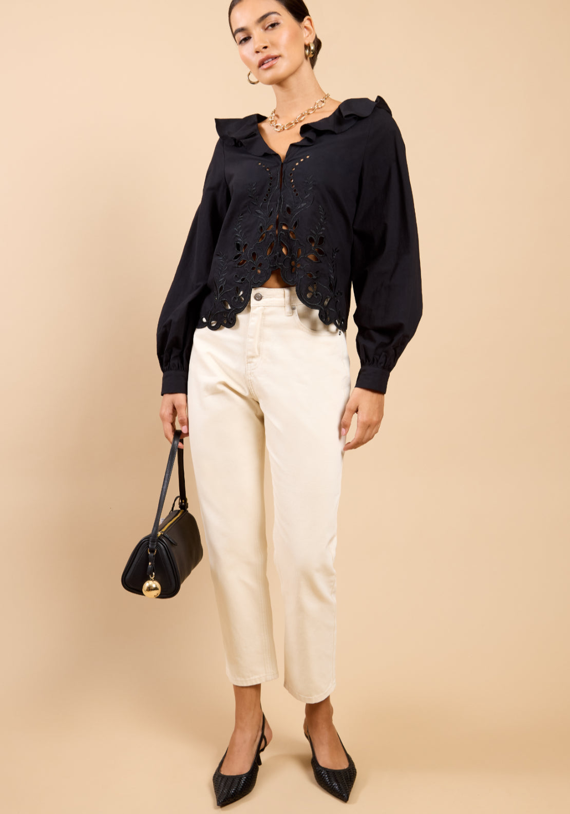 Cléa Embroidered Frill Top - Black