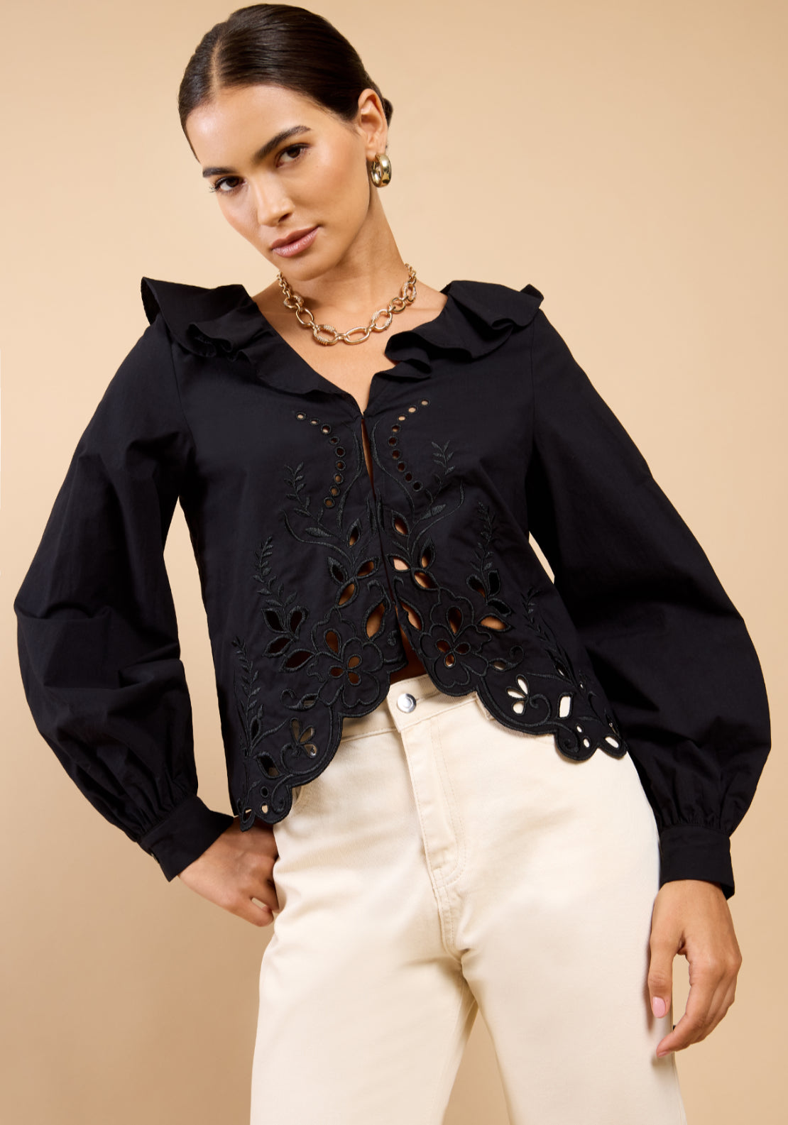 Cléa Embroidered Frill Top - Black