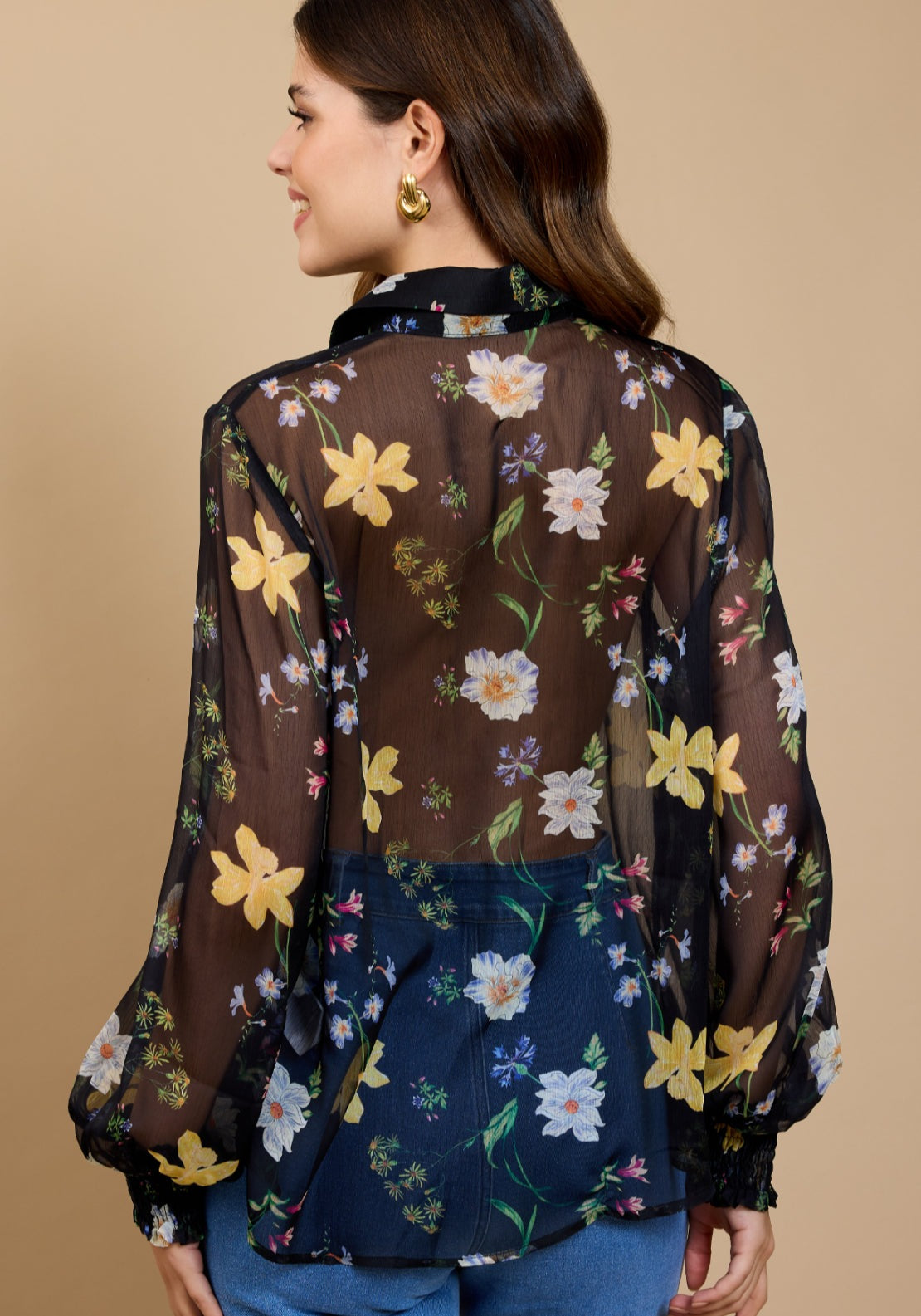 Portia Floral Print Chiffon Shirt - Black