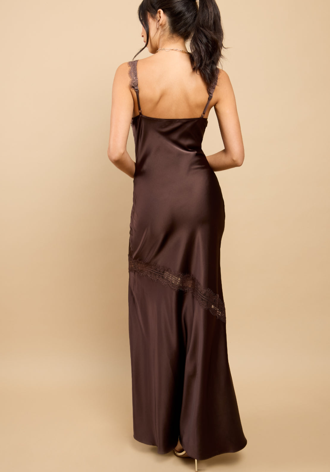 Elara Satin Lace Detail Dress - Brown
