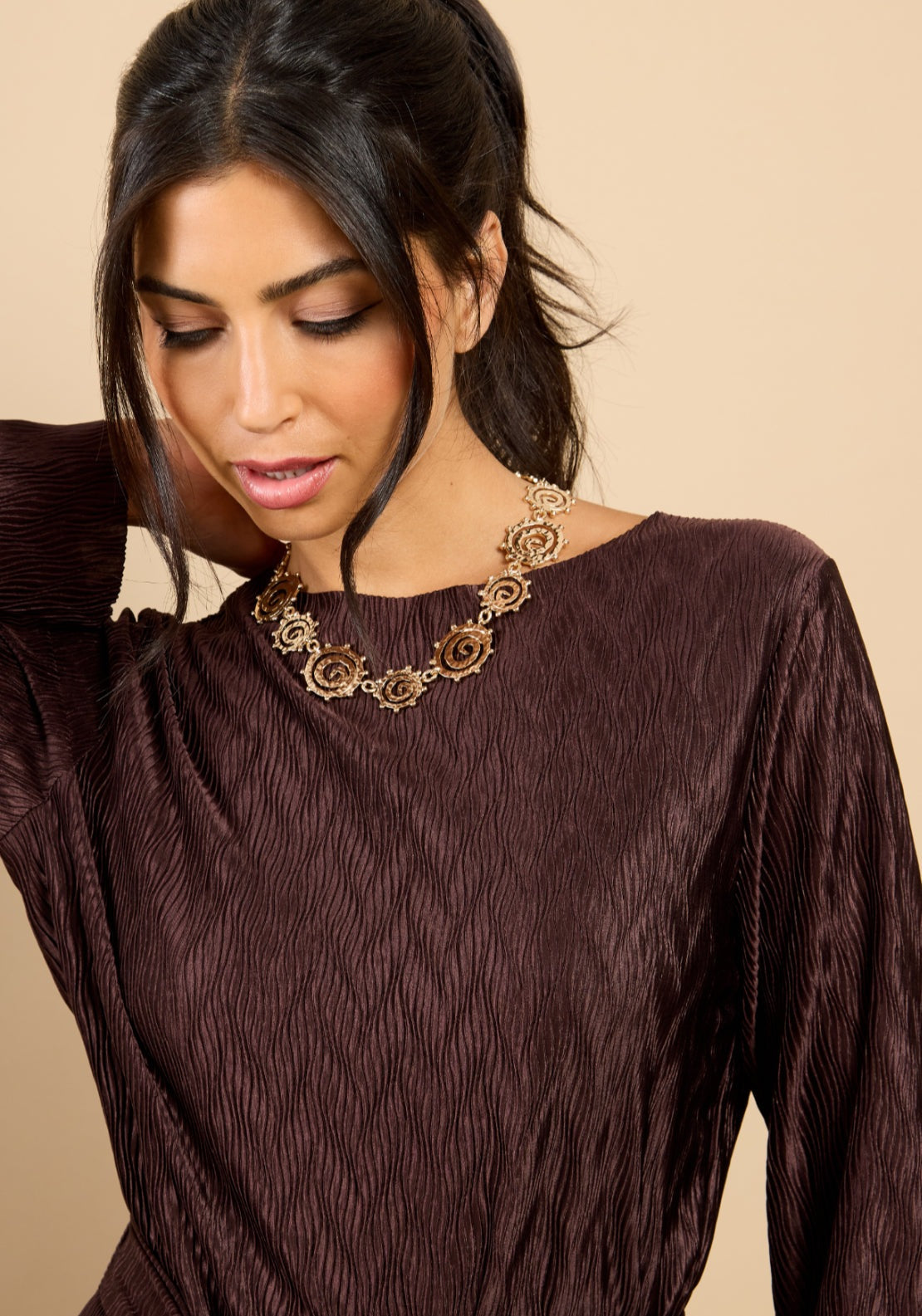 Ivette Plisse Longline Top - Brown