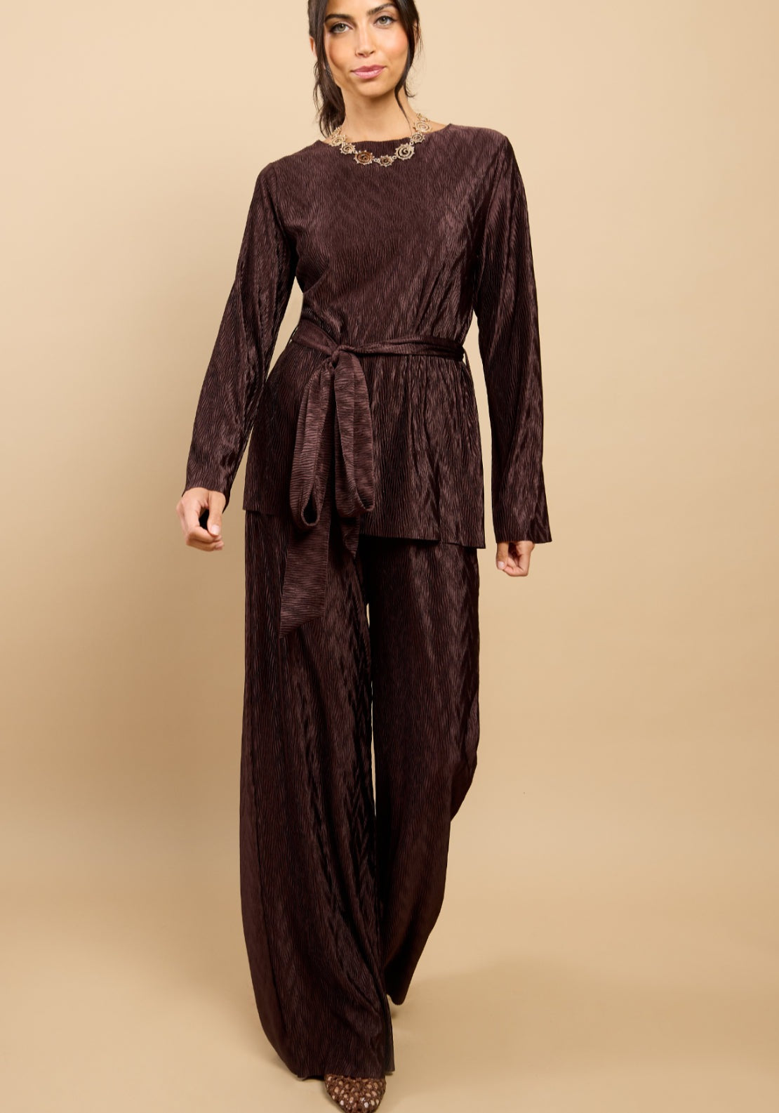 Kalista Plisse Wide Leg Trousers - Brown