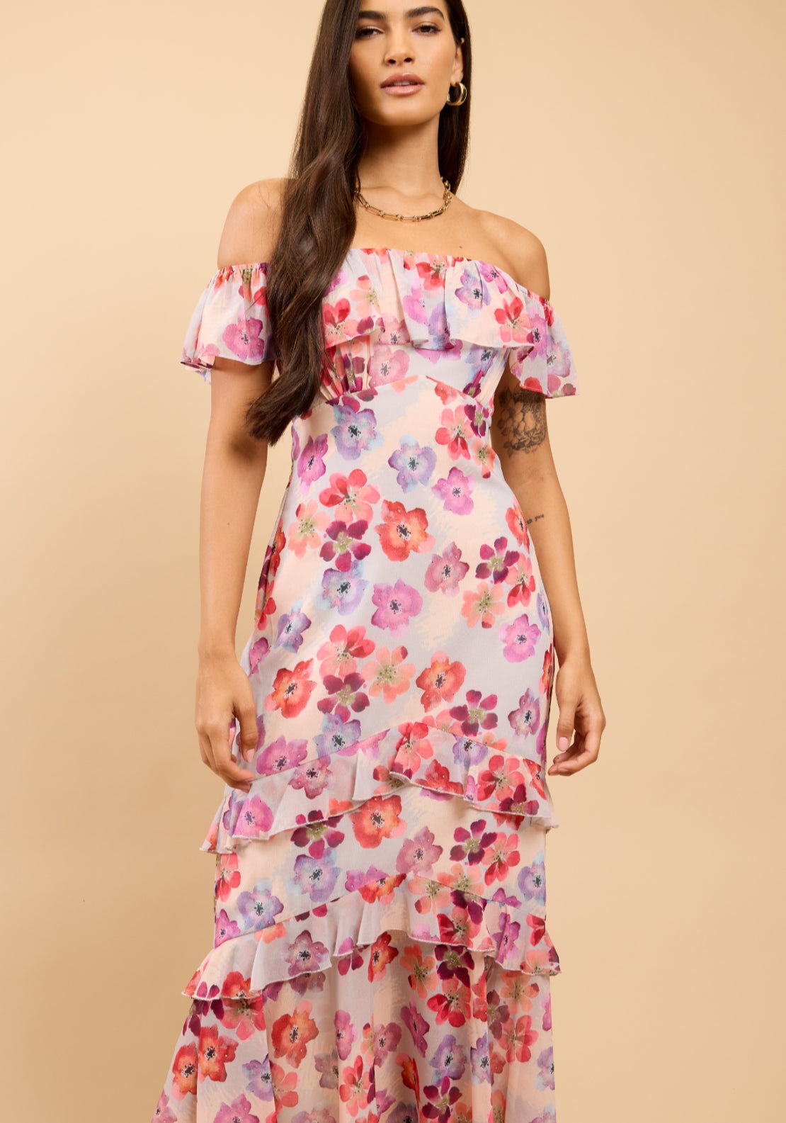 Noa Floral Print Ruffle Bardot Dress - Pink
