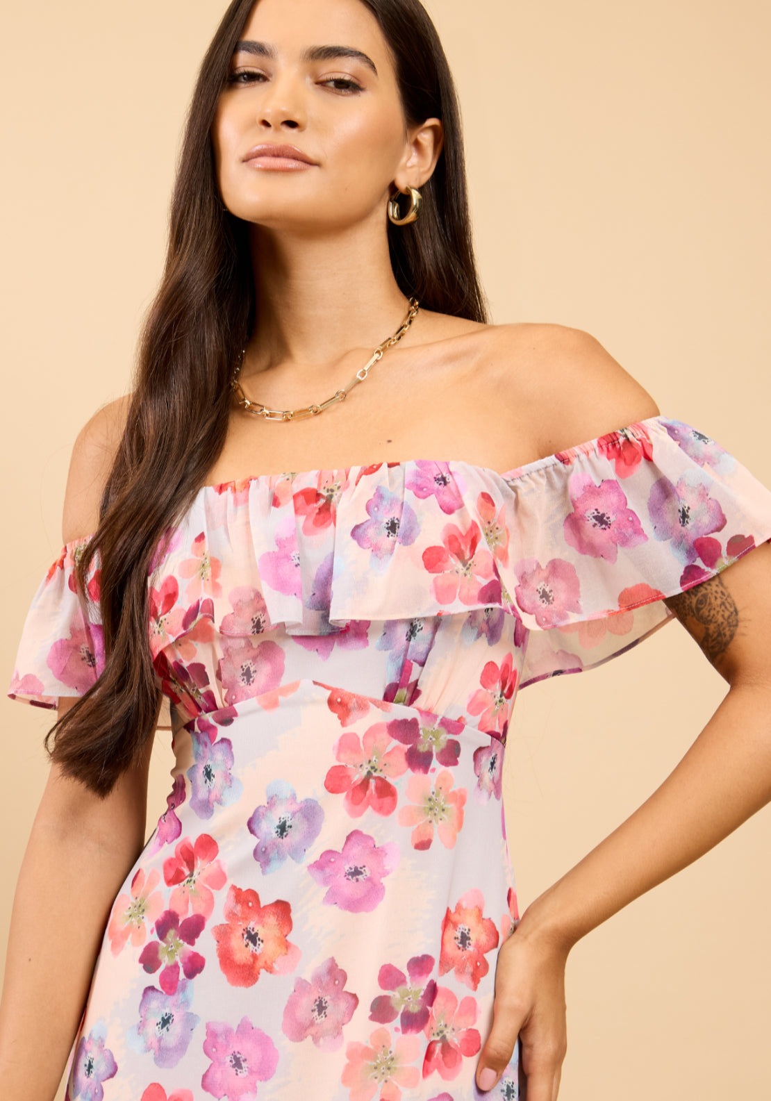 Noa Floral Print Ruffle Bardot Dress - Pink