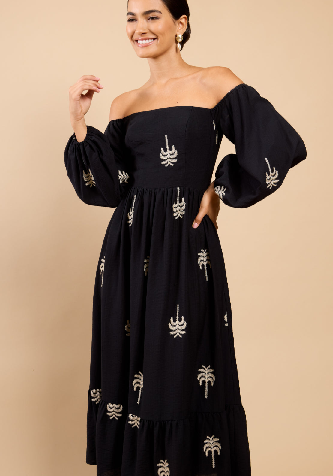 Lyra Embroidered Bardot Dress - Black