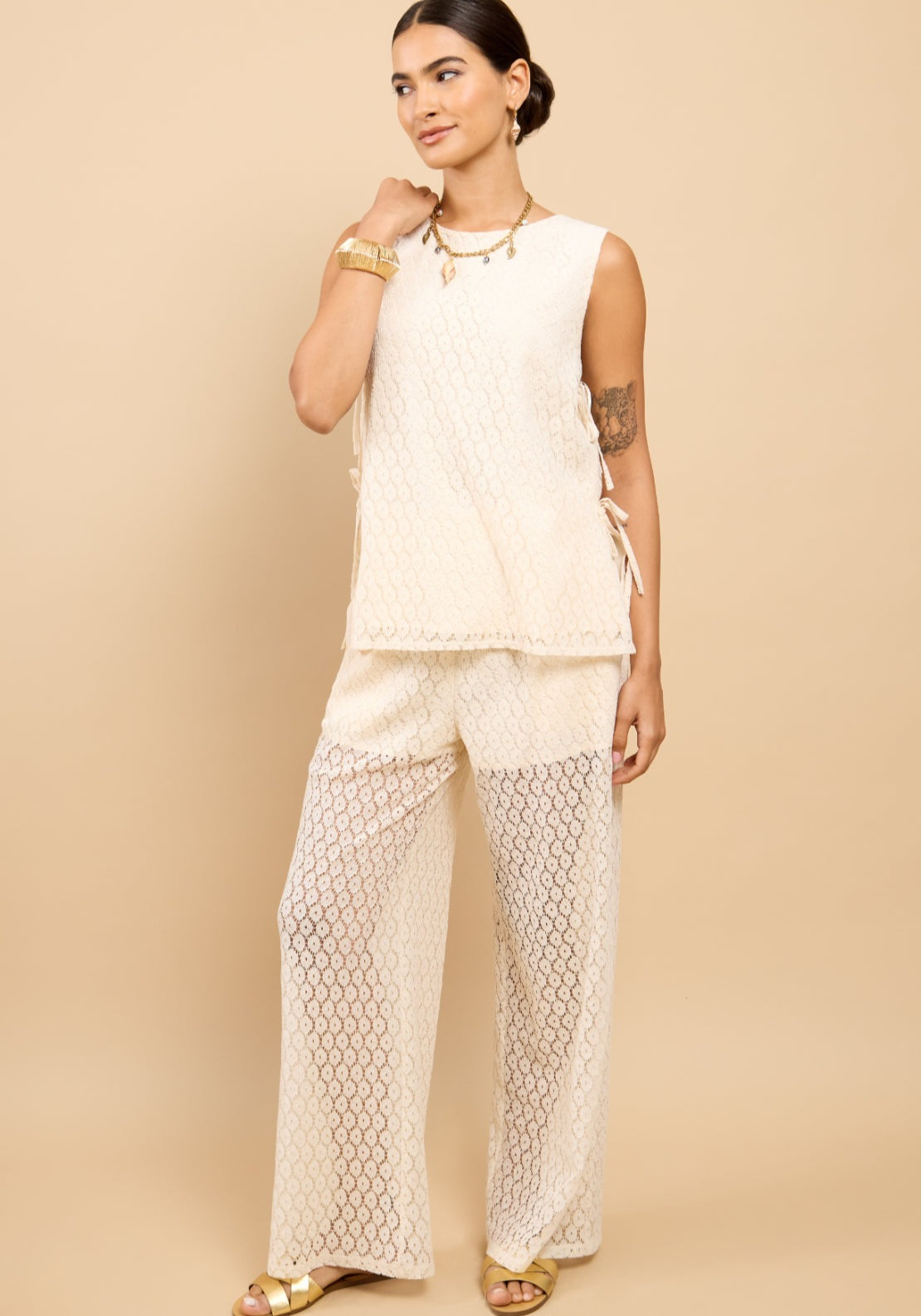 Désirée Lace Wide Leg Trouser - Cream