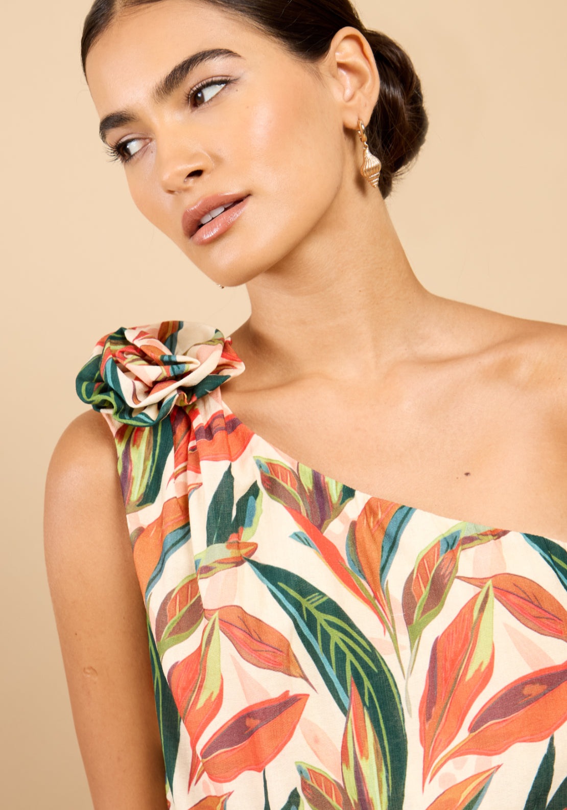 Nala Leaf Print One Shoulder Crop Top - Multi