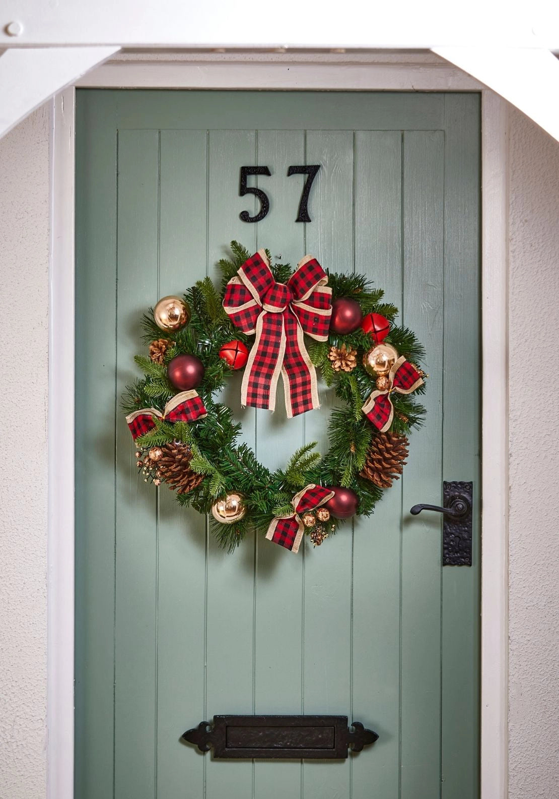 The Home Christmas Bow Christmas Wreath With Baubles & Cones - Red 2 Shaws Department Stores